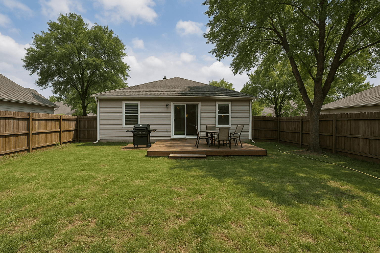 The seller's phone photo of the backyard at 412 Alder Court: patio set straight, deck swept, lawn mowed