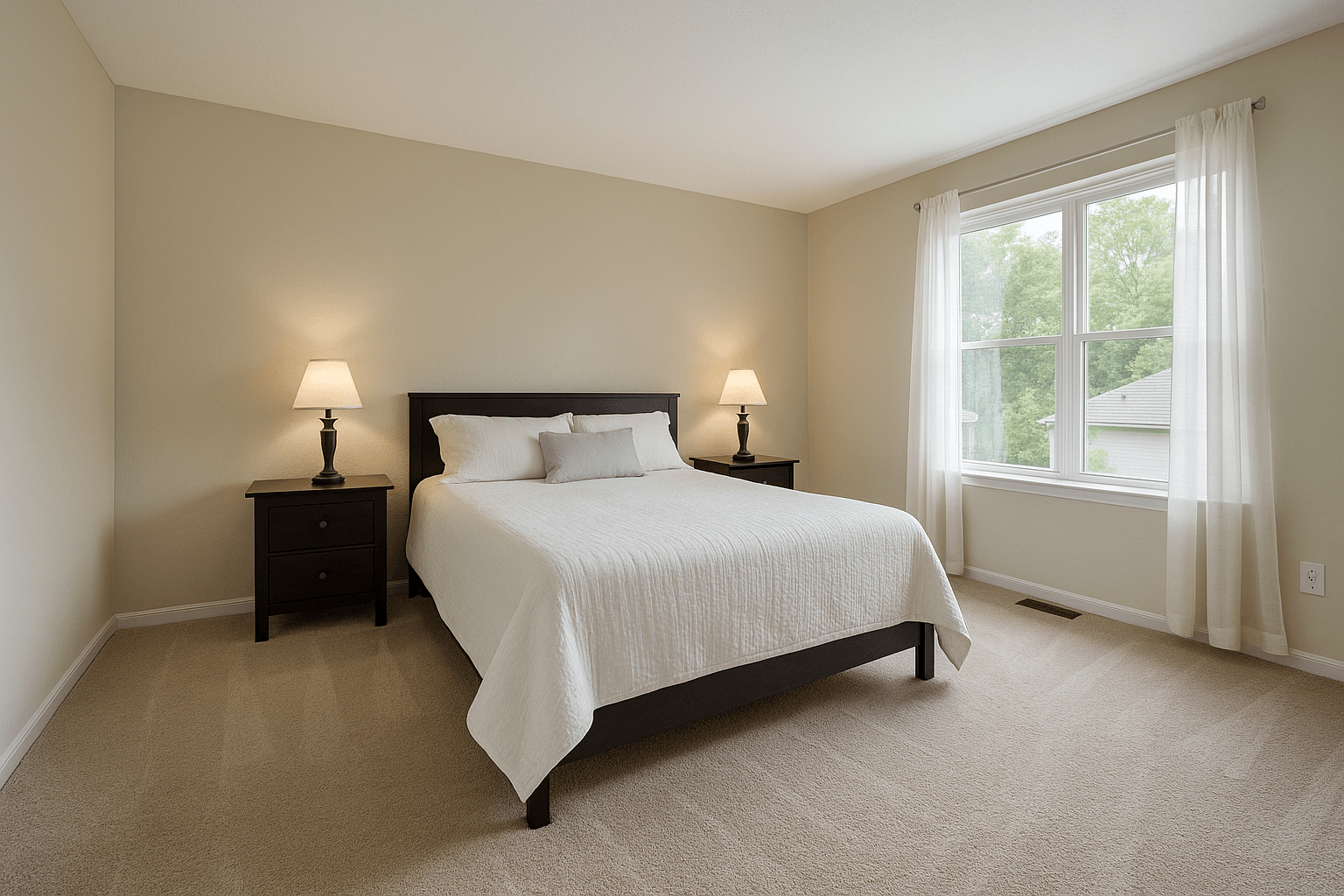 A made bed between two lit bedside lamps, with daylight through sheer curtains