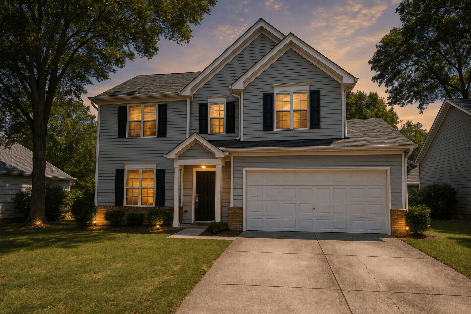 A warm golden-twilight exterior of a residential listing with glowing windows