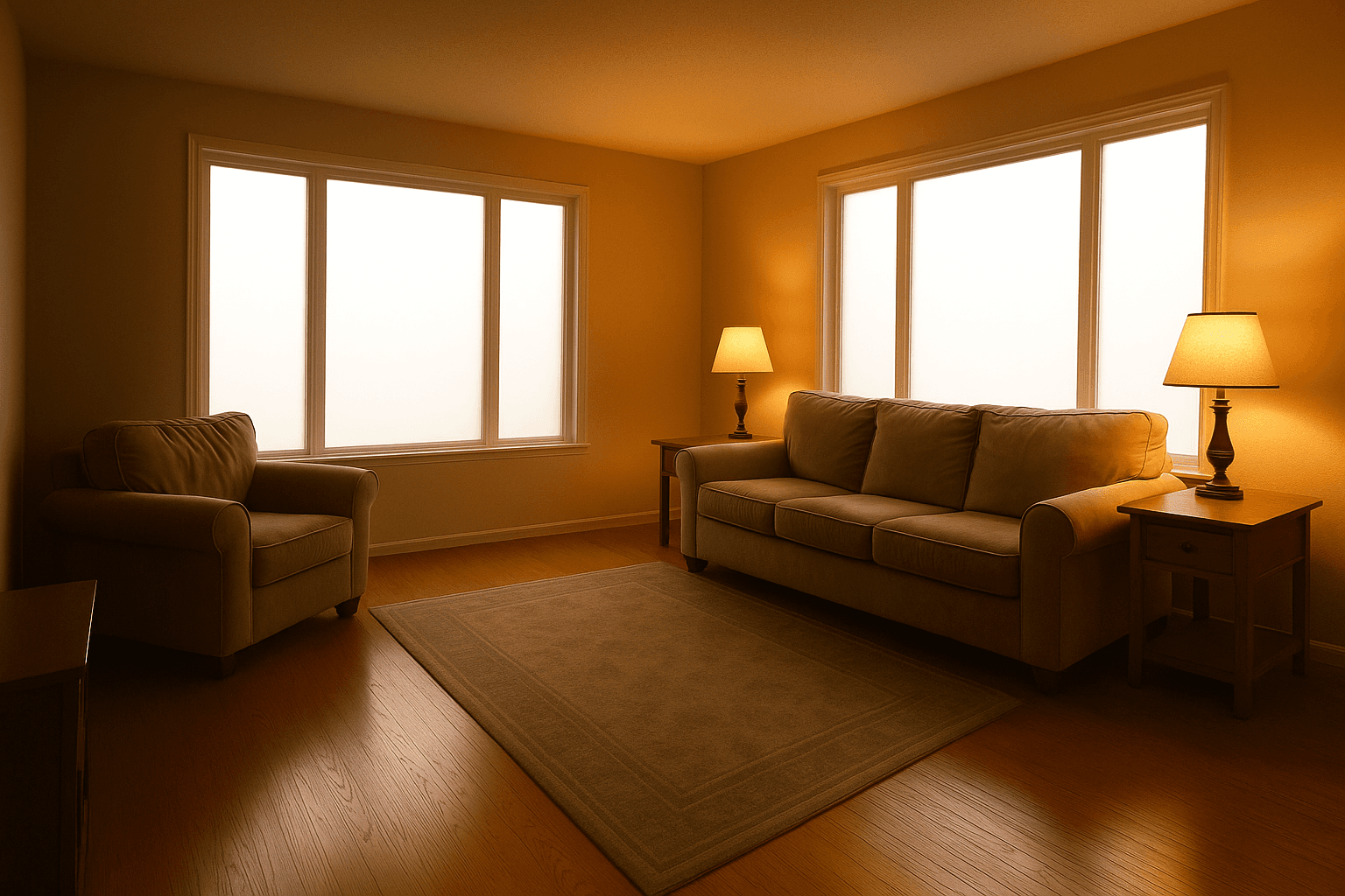 An unedited interior exposure before post-processing, with a dark room and a bright window
