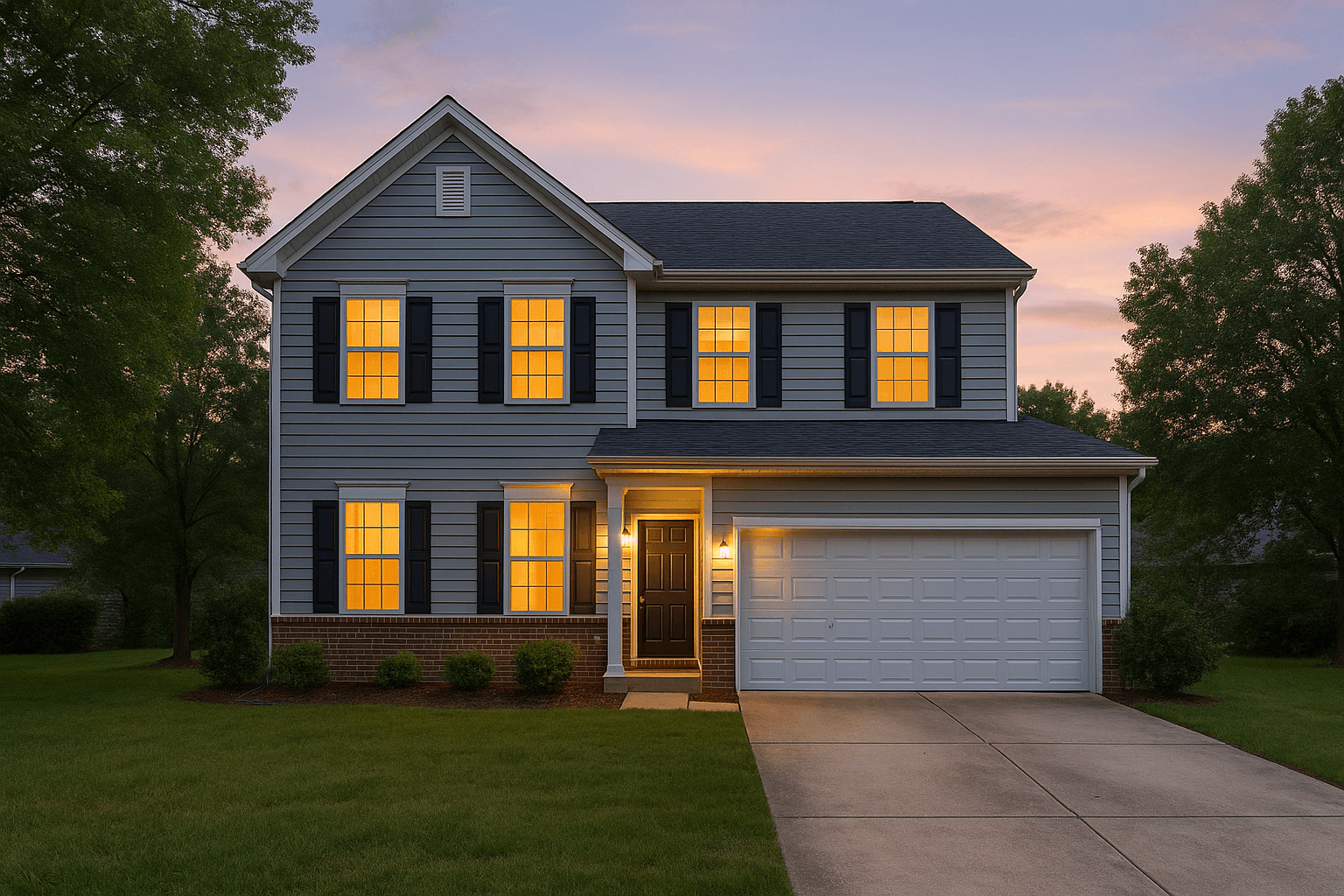 A two-story home at dusk, finished with warm windows, a lit porch and a soft evening sky