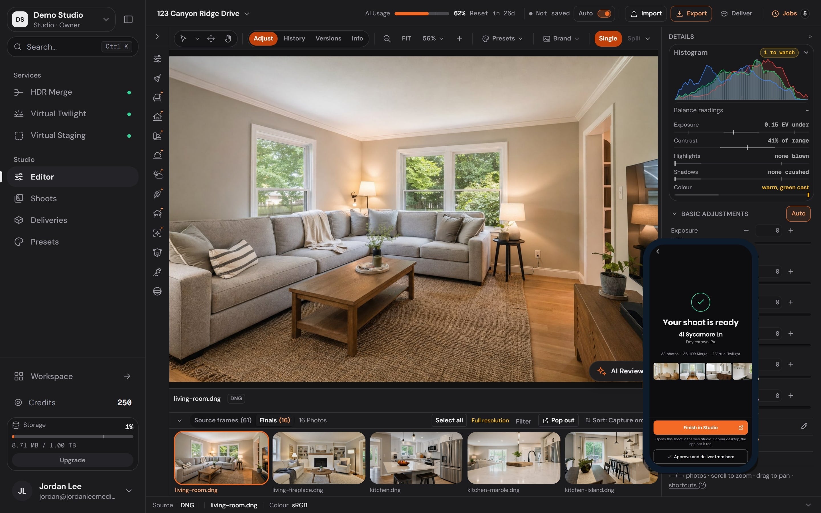 The desktop Studio with the living room of 123 Canyon Ridge Drive open on the canvas, the tool rail and Services list at left and the Details panel at right