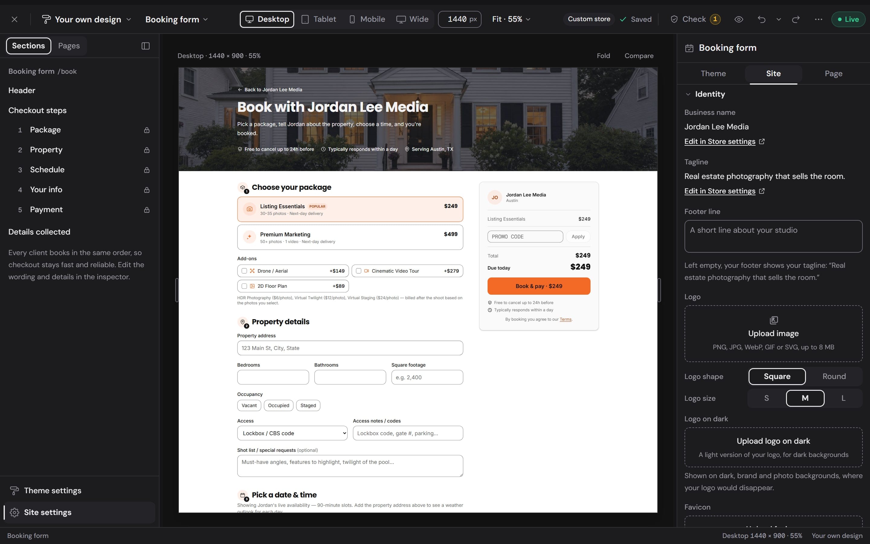 The booking form in the builder: the five checkout steps on the left, the packages and add-ons, and the order summary with Book and pay
