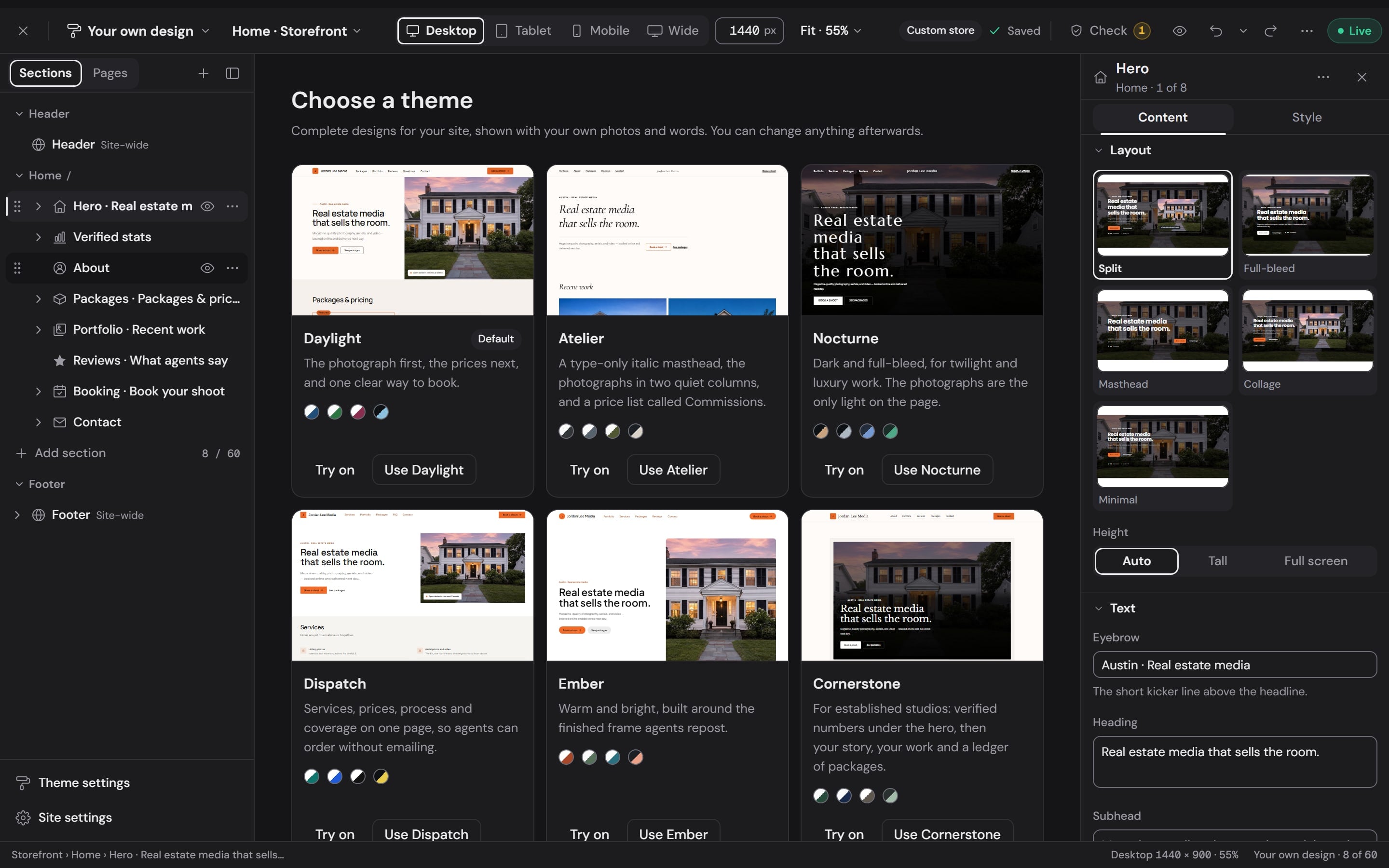 The storefront builder: the site's sections on the left and a choice of designed themes