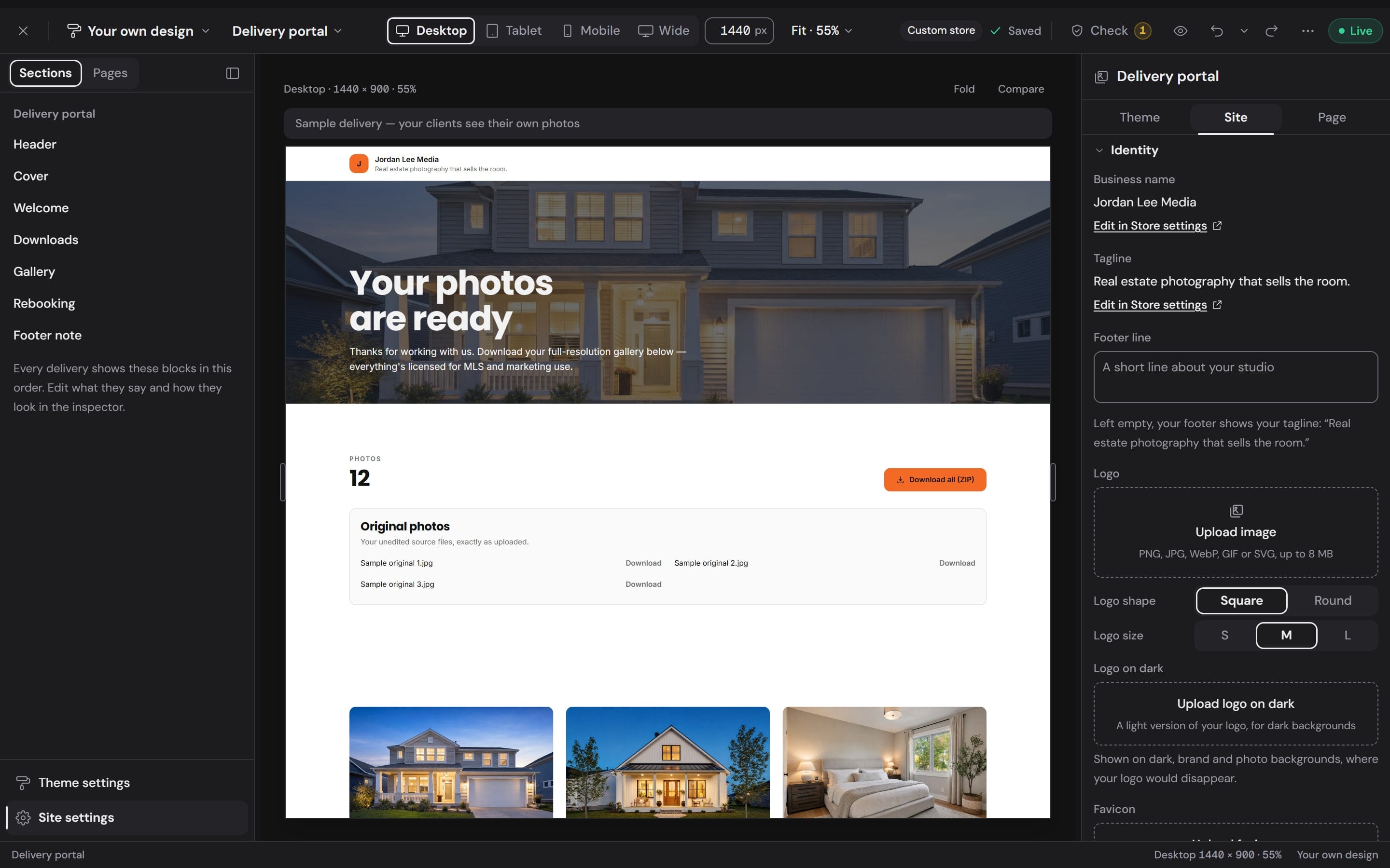 The delivery portal in the builder: its blocks listed on the left and the cover reading Your photos are ready above Download all
