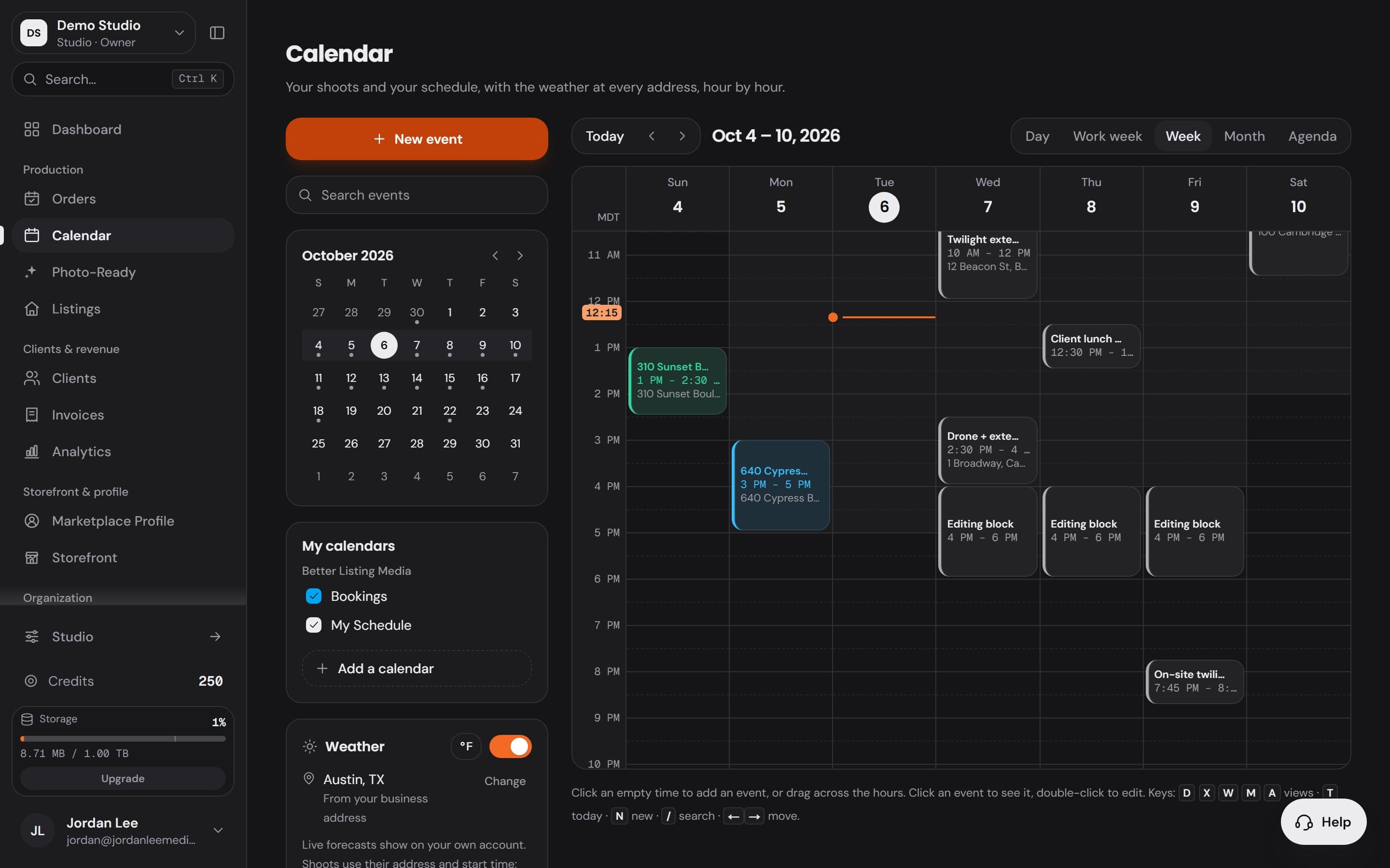 The Workspace calendar zoomed to the week: a Sunday shoot at 640 Cypress Bend, a drone and exterior shoot on Tuesday, an on-site twilight on Thursday, beside the connected calendars and the Weather panel
