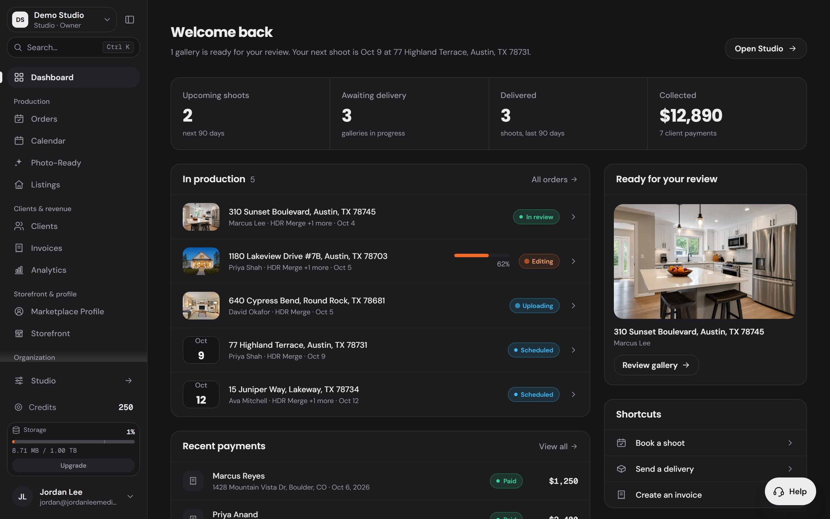 The Workspace dashboard: upcoming shoots, galleries awaiting delivery, payments collected and the orders in production