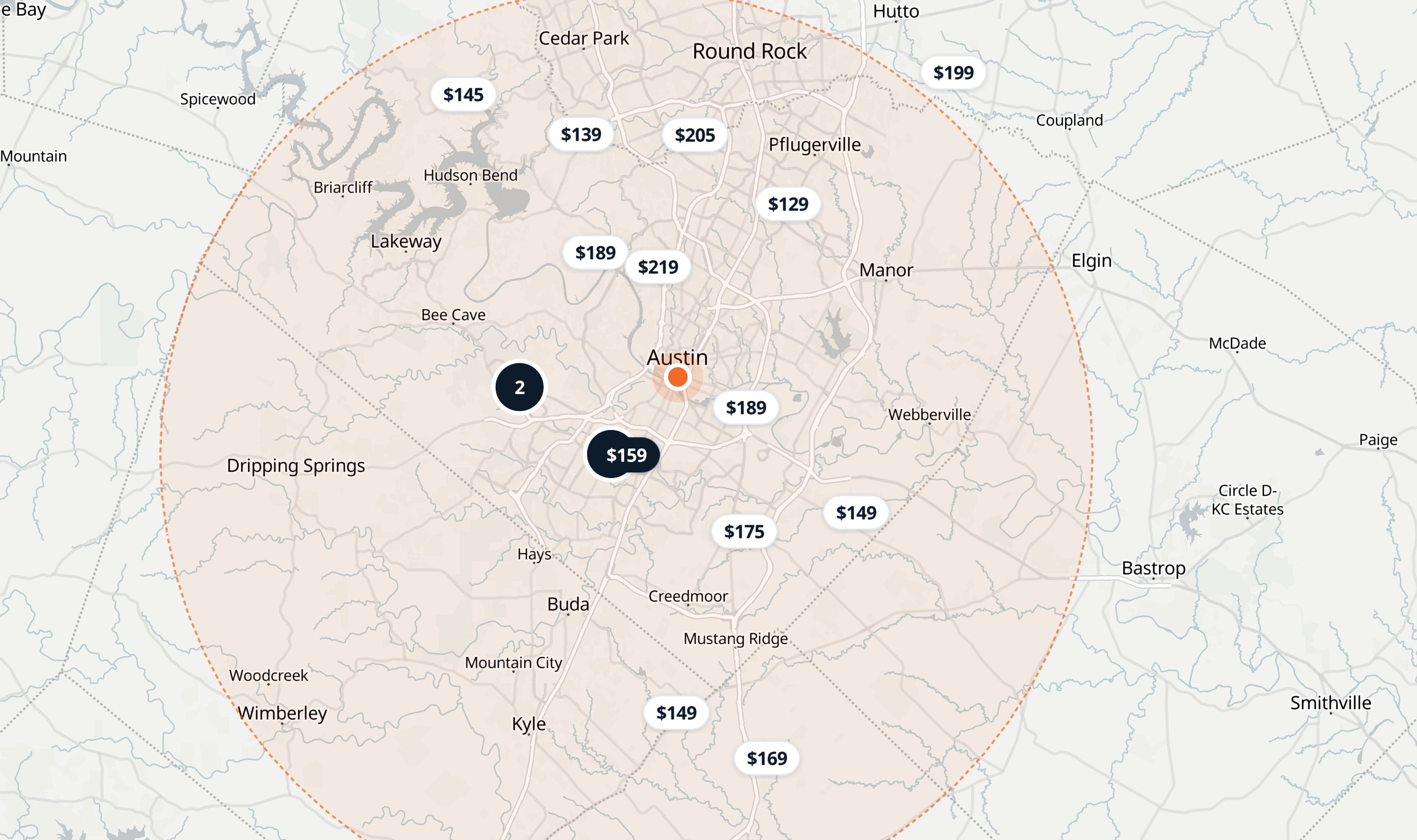 The same map with one photographer's coverage area drawn as a circle around their pin