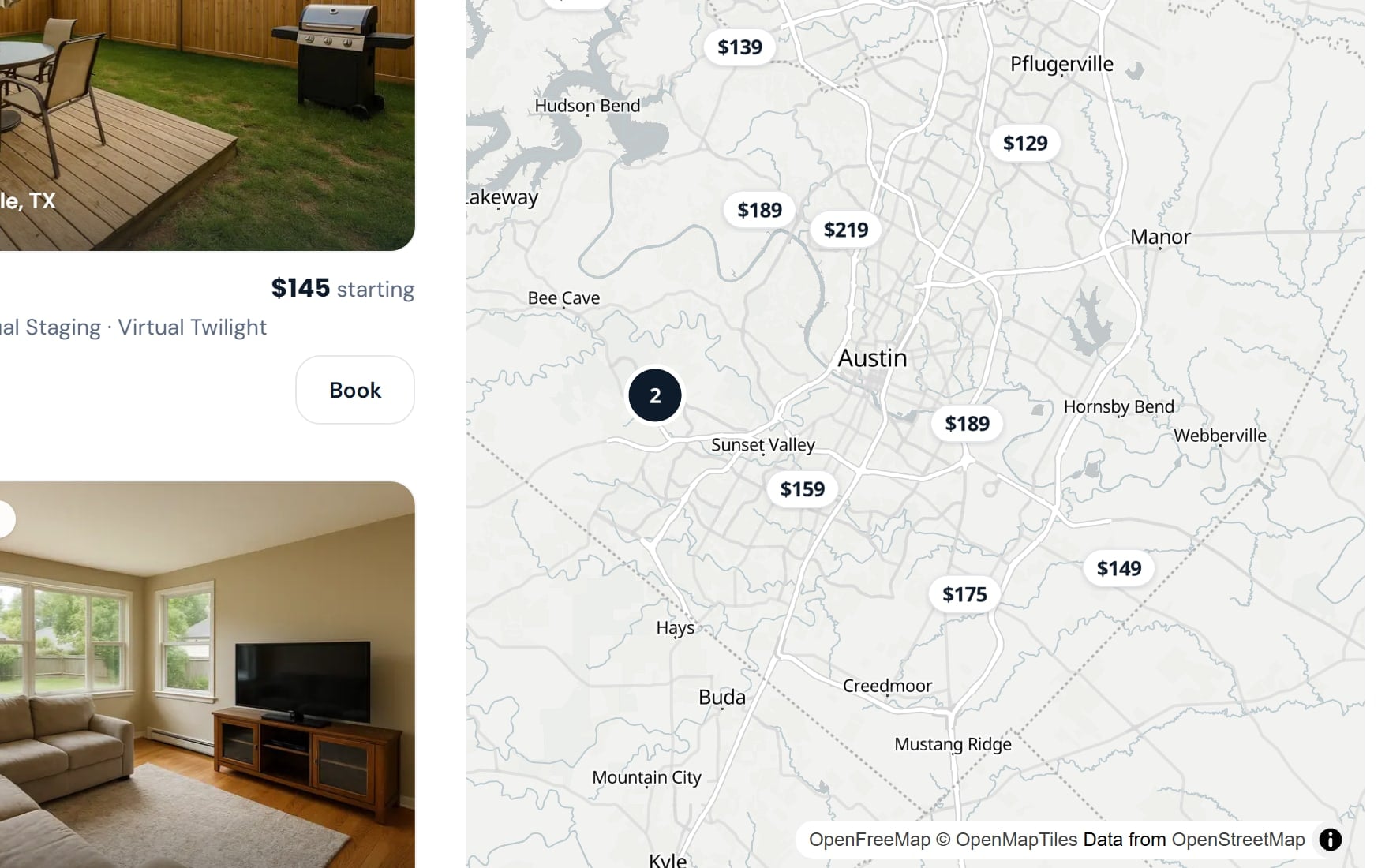 The photographer directory: listing photographs with starting prices beside a map of the Austin area
