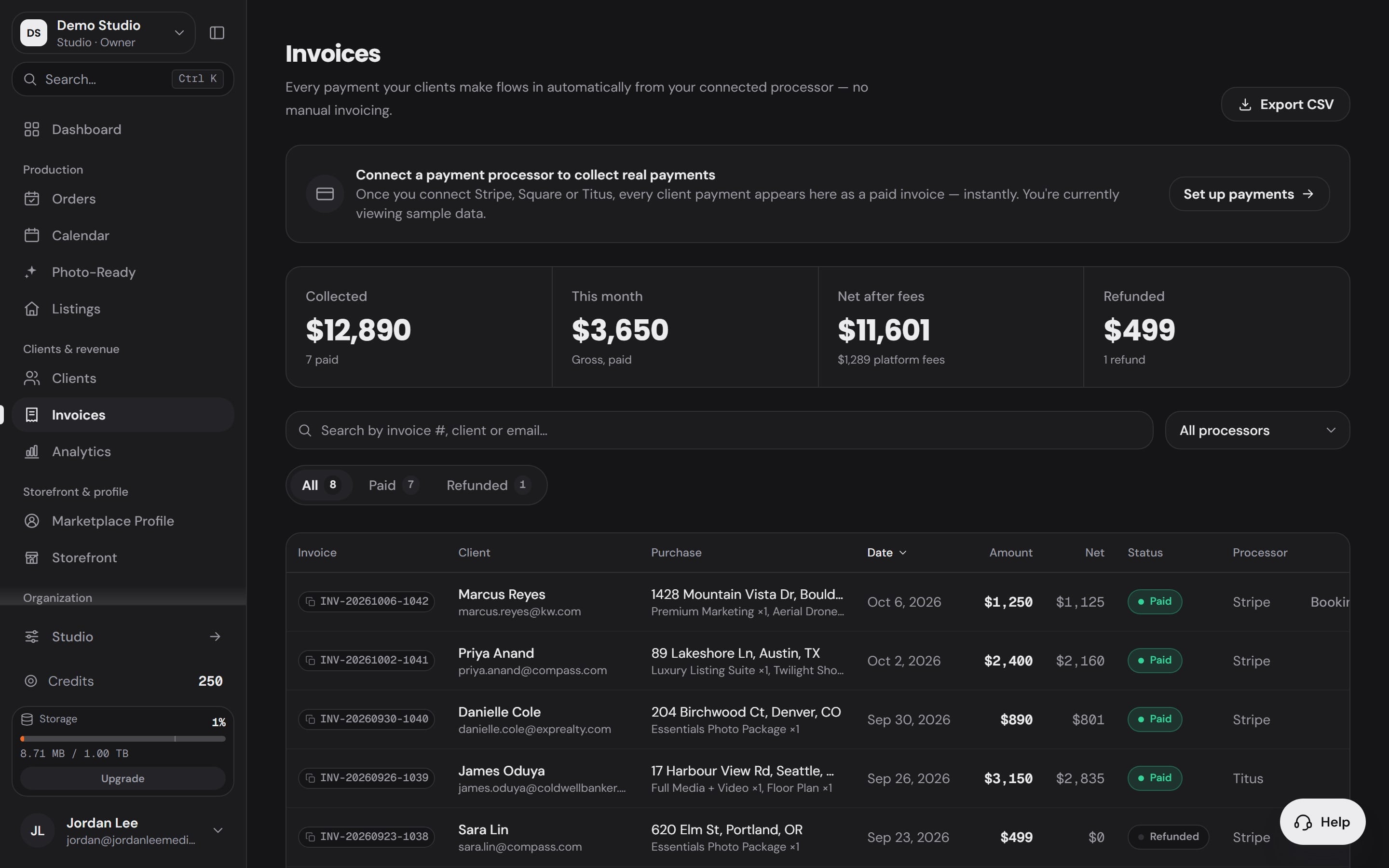 Invoices in Workspace: collected, this month, net after fees and refunded, then each client's payment with its purchase, status and processor