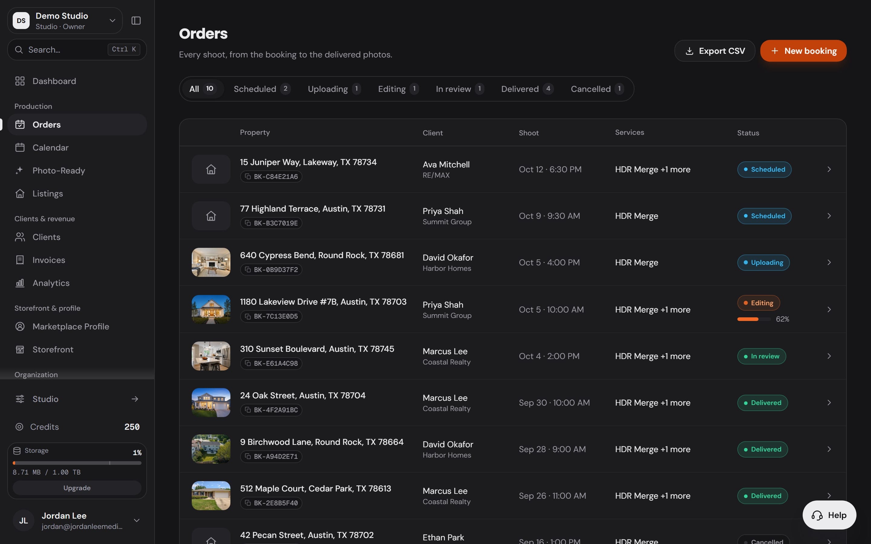 Orders in Workspace, zoomed to the status tabs and the first rows: All, Scheduled, Uploading, Editing, In review, Delivered and Cancelled, with each shoot's property, client, date and Services