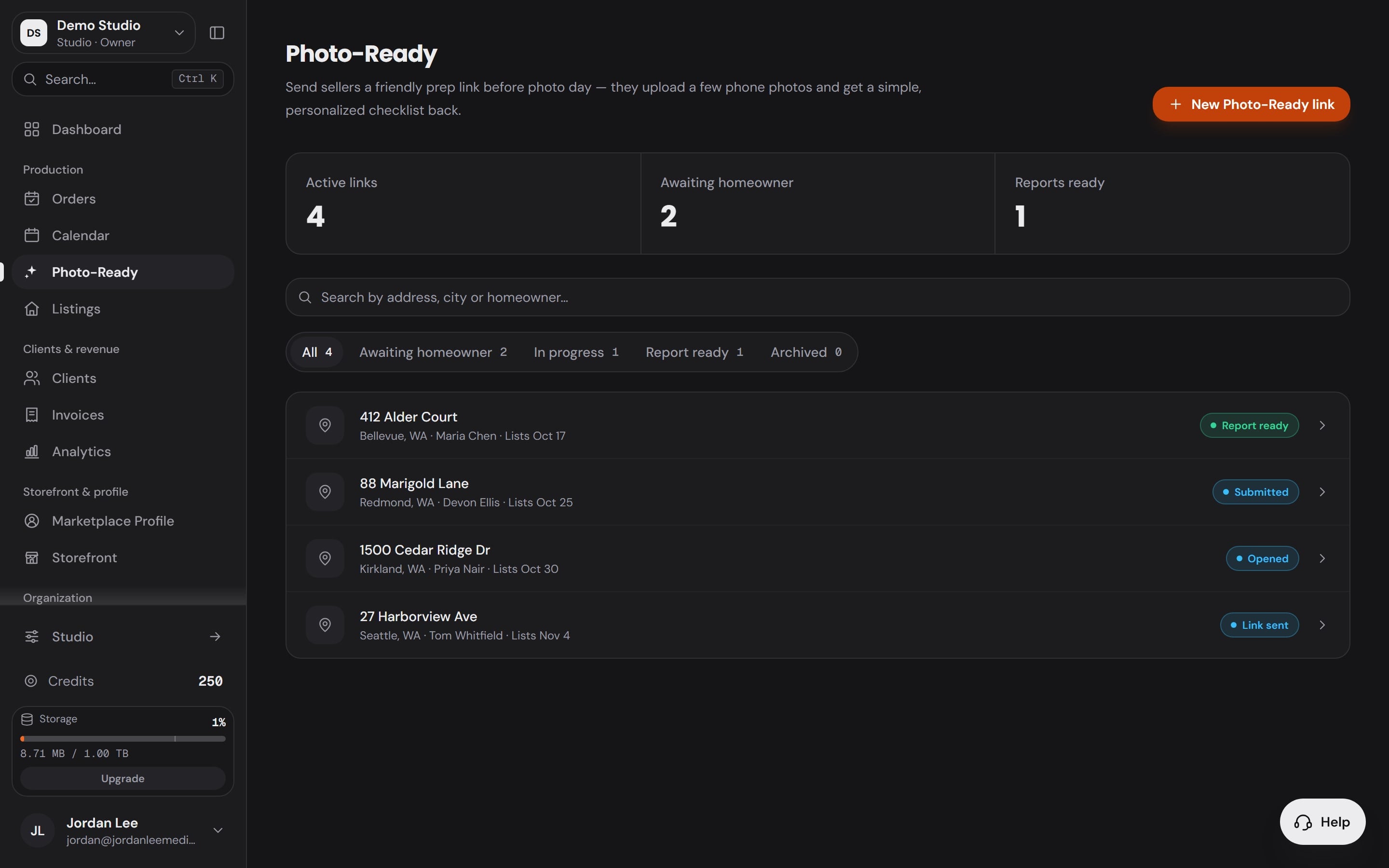 The Photo-Ready app in the Workspace: four seller reviews listed with their status, from Link sent to Report ready.