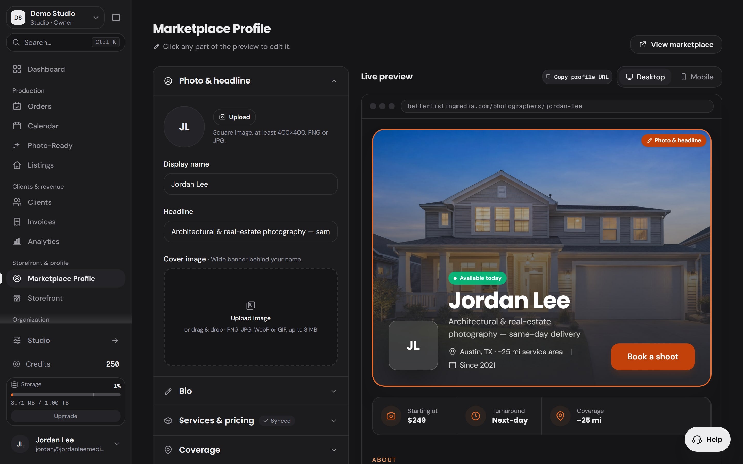 The Workspace's Marketplace Profile editor: the photo and headline fields on the left, and on the right the live preview of the public profile with its cover, availability, starting price, turnaround, coverage and the Book a shoot button
