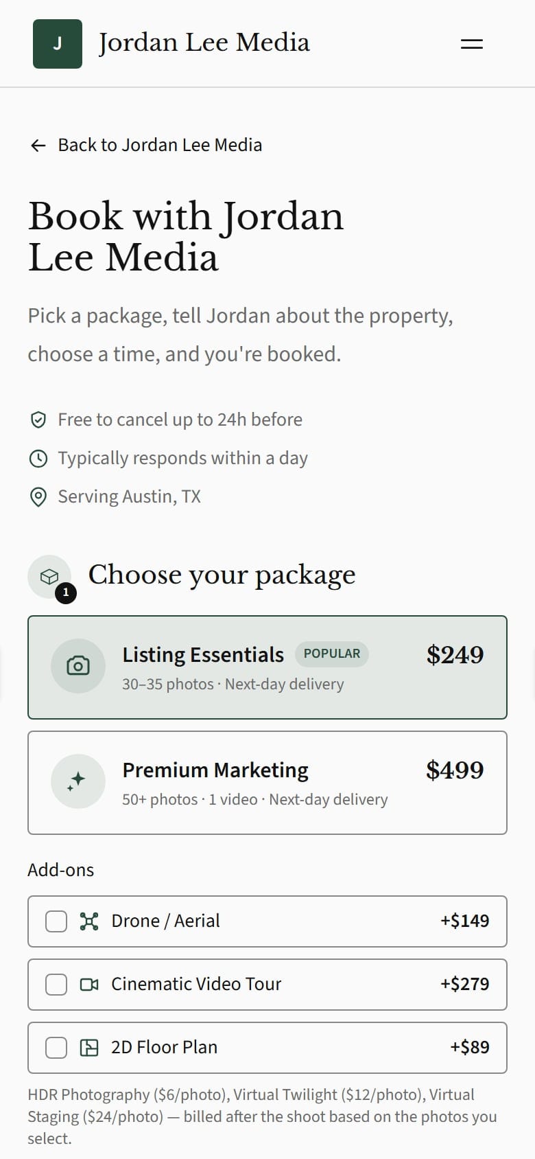 The booking form on a phone: Book with Jordan Lee Media, the packages and the add-ons