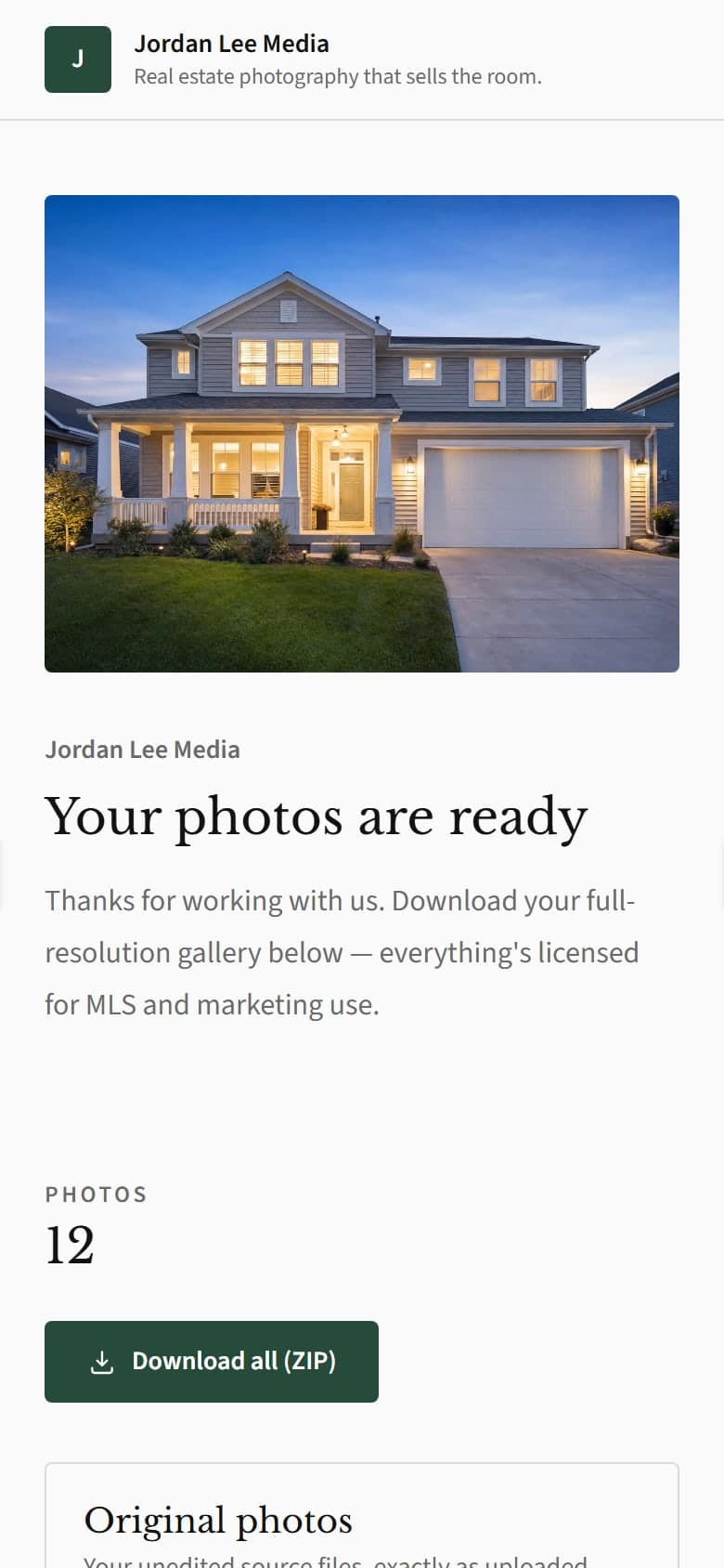 A delivery portal on a phone under the photographer's own name: Your photos are ready, with a Download all button