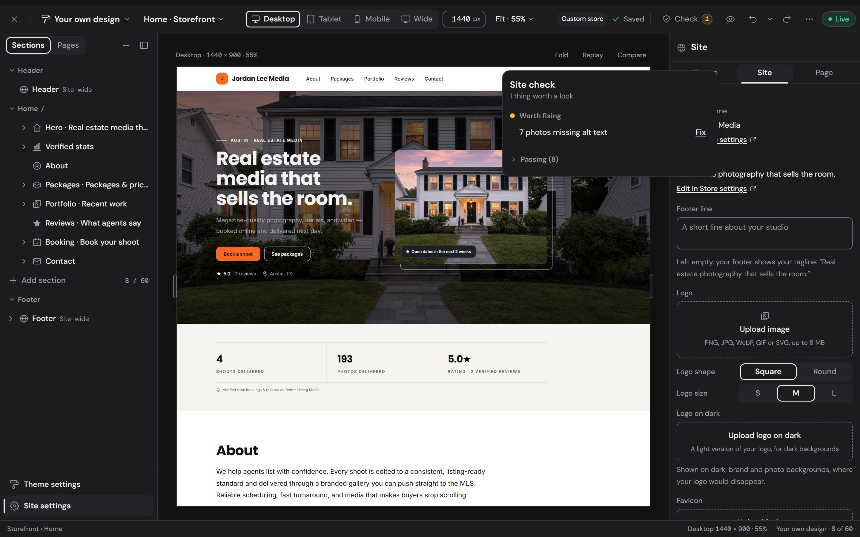 Site check open over the builder, listing what to fix before publishing