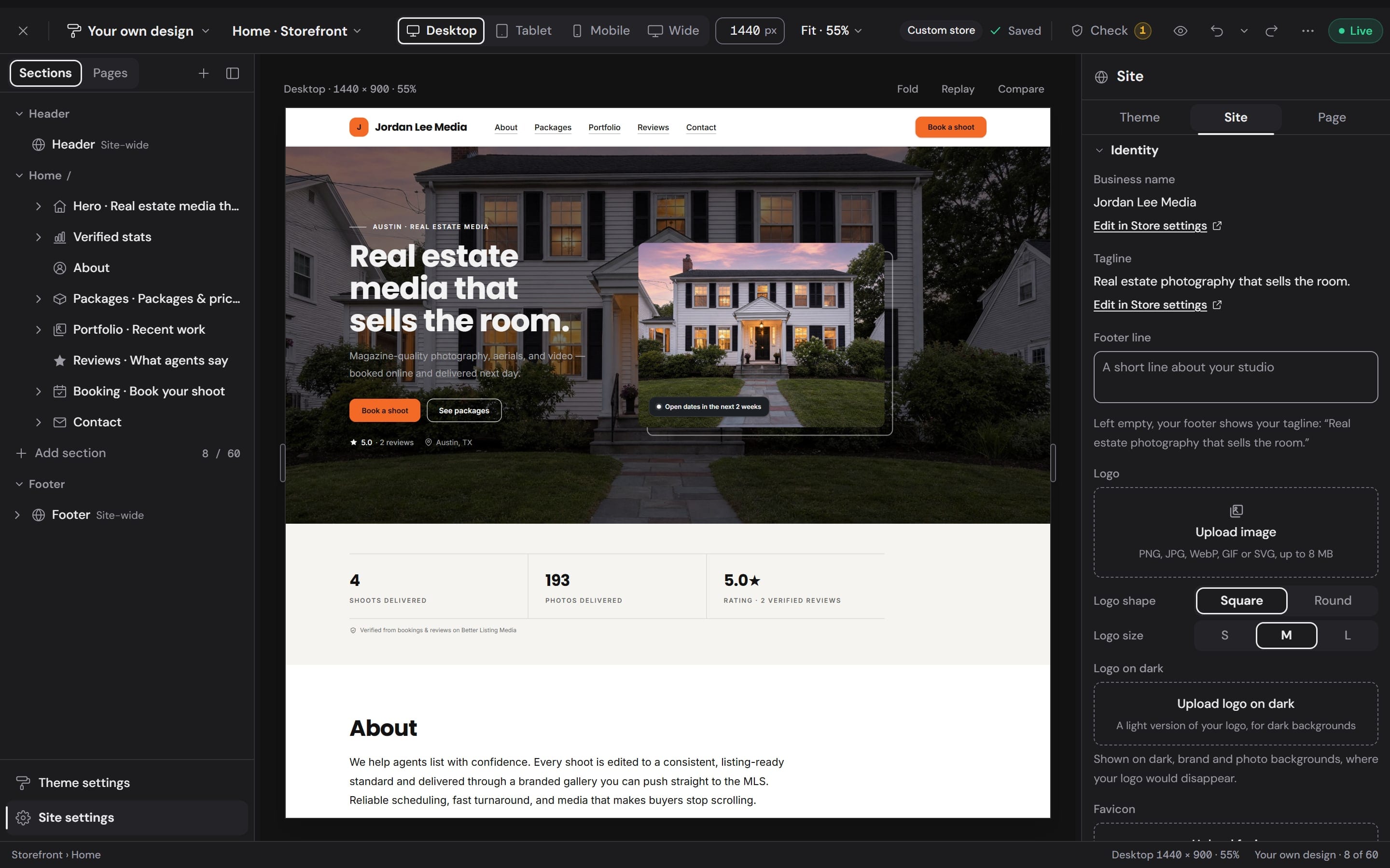 The builder's canvas at Desktop, 1440 pixels wide, with the hero selected