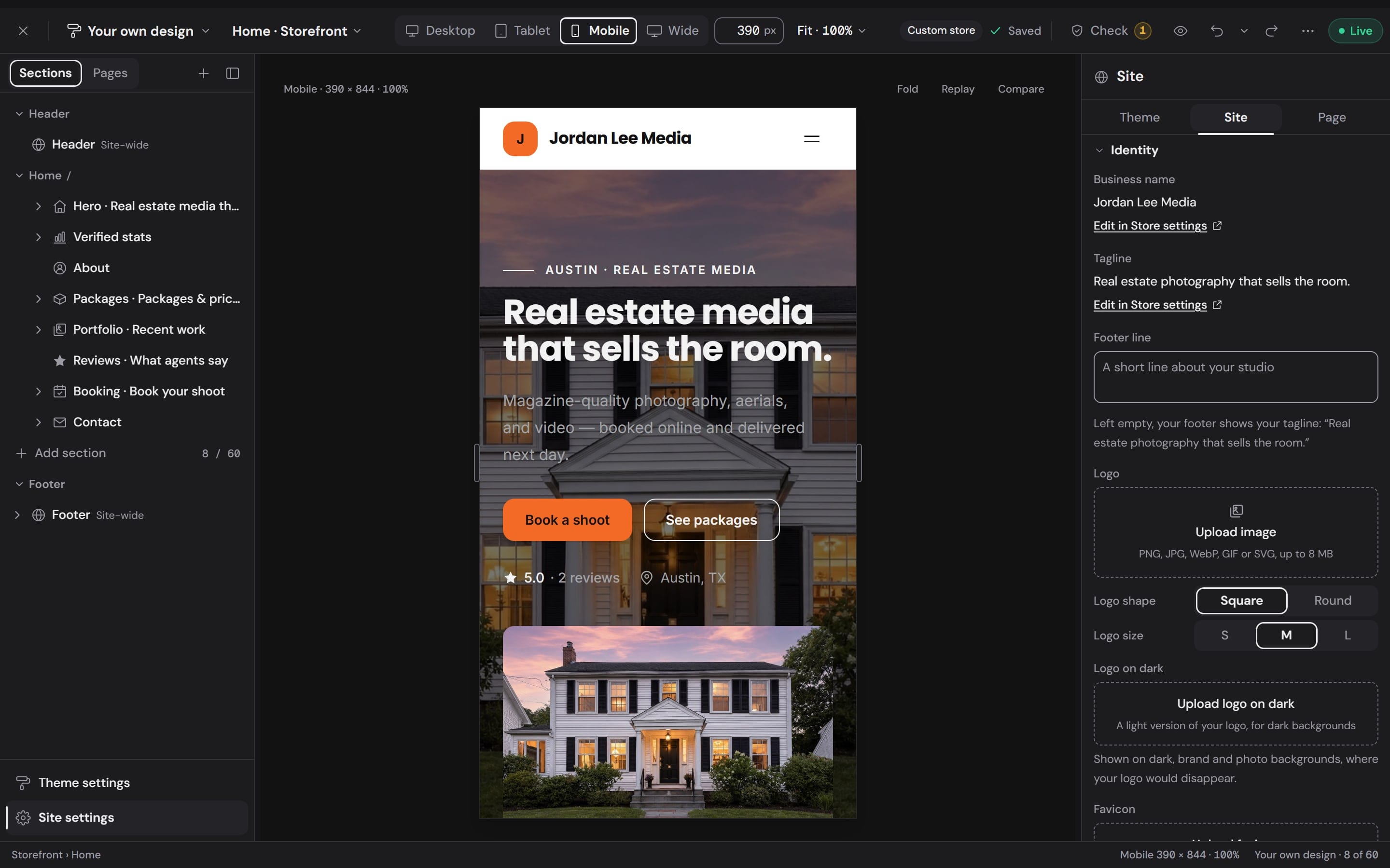 The builder's canvas at Mobile, 390 pixels wide, with the hero selected
