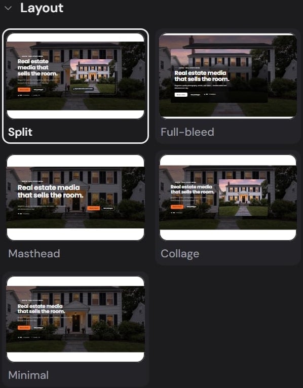 The hero's layouts in the inspector, each drawn from the photographer's own hero: Split, Full-bleed, Masthead, Collage, Minimal
