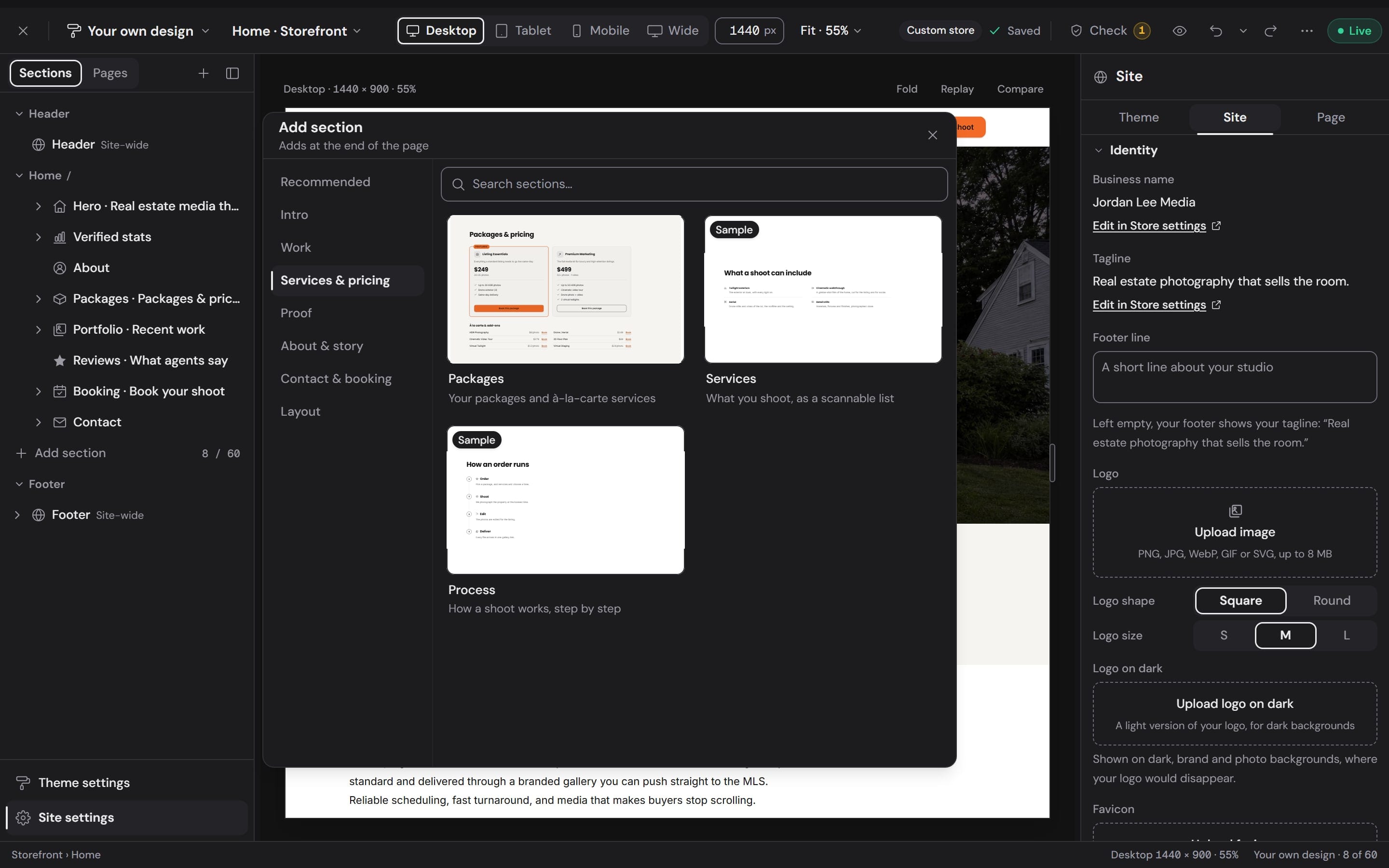 The Add section library open on Services and pricing: live previews of the Packages, Services and Process sections, with the library's categories beside them