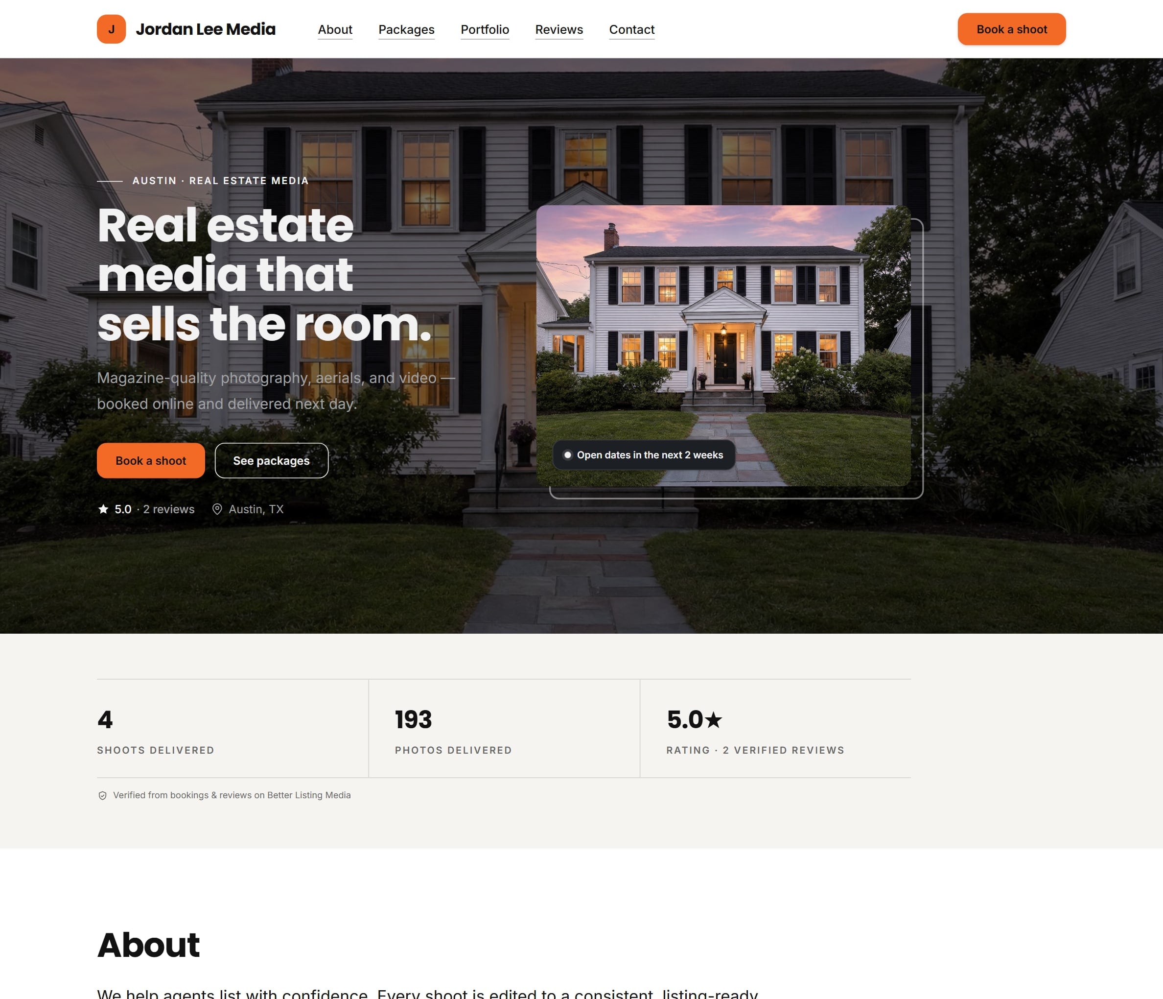 The photographer's site in their own design: an orange Book a shoot button over a twilight exterior