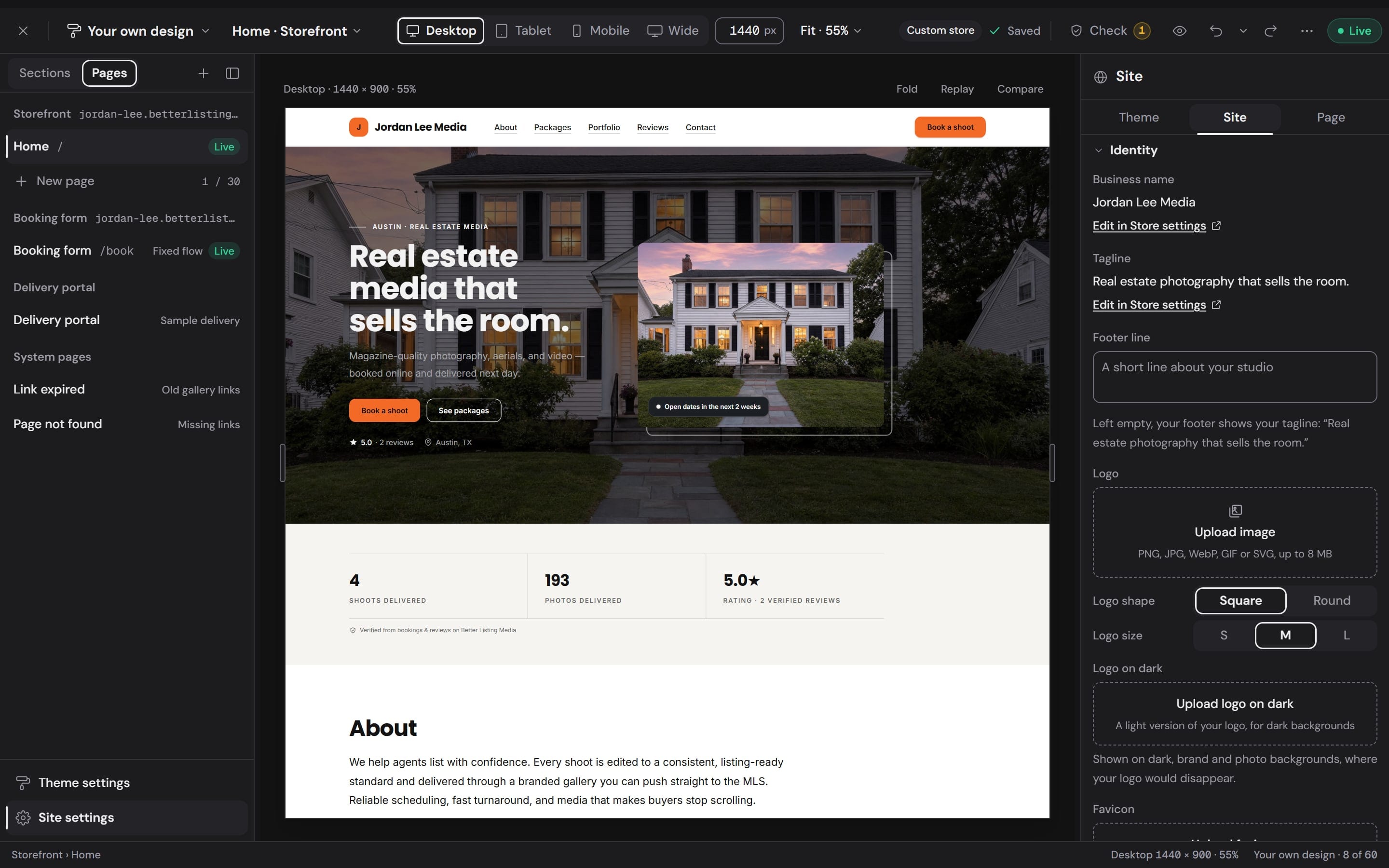 The Pages list: Home, the booking form, the delivery portal and the system pages, beside the site's name, tagline and logo settings