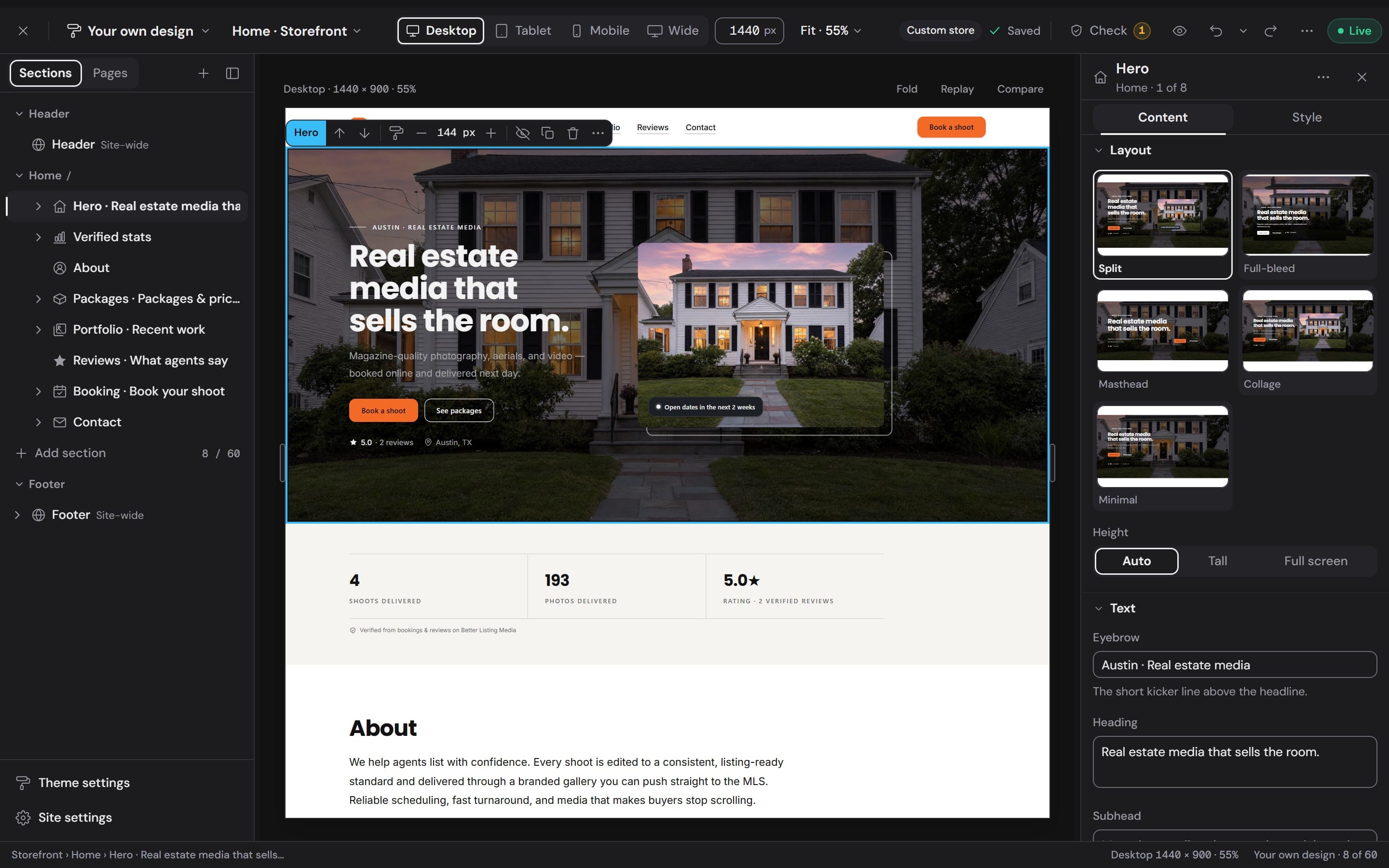 The builder with the hero selected: its toolbar on the canvas and its five layouts, Split, Full-bleed, Masthead, Collage and Minimal, in the inspector