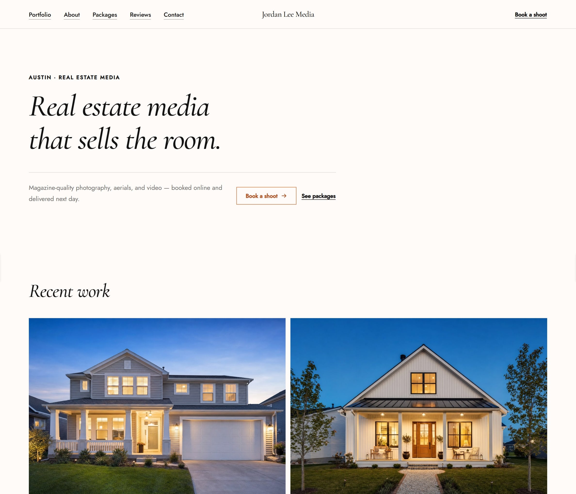 The photographer's site in the Atelier theme: A type-only italic masthead, the photographs in two quiet columns, and a price list called Commissions.