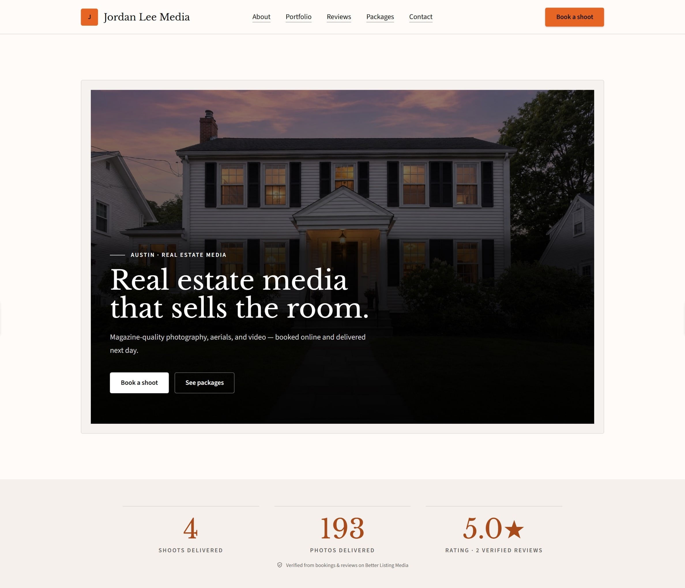 The photographer's site in the Cornerstone theme: For established studios: verified numbers under the hero, then your story, your work and a ledger of packages.