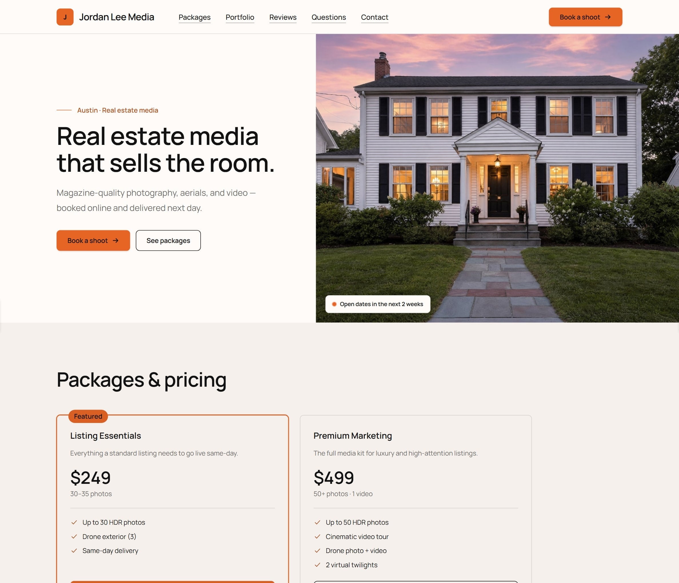 The photographer's site in the Daylight theme: The photograph first, the prices next, and one clear way to book.