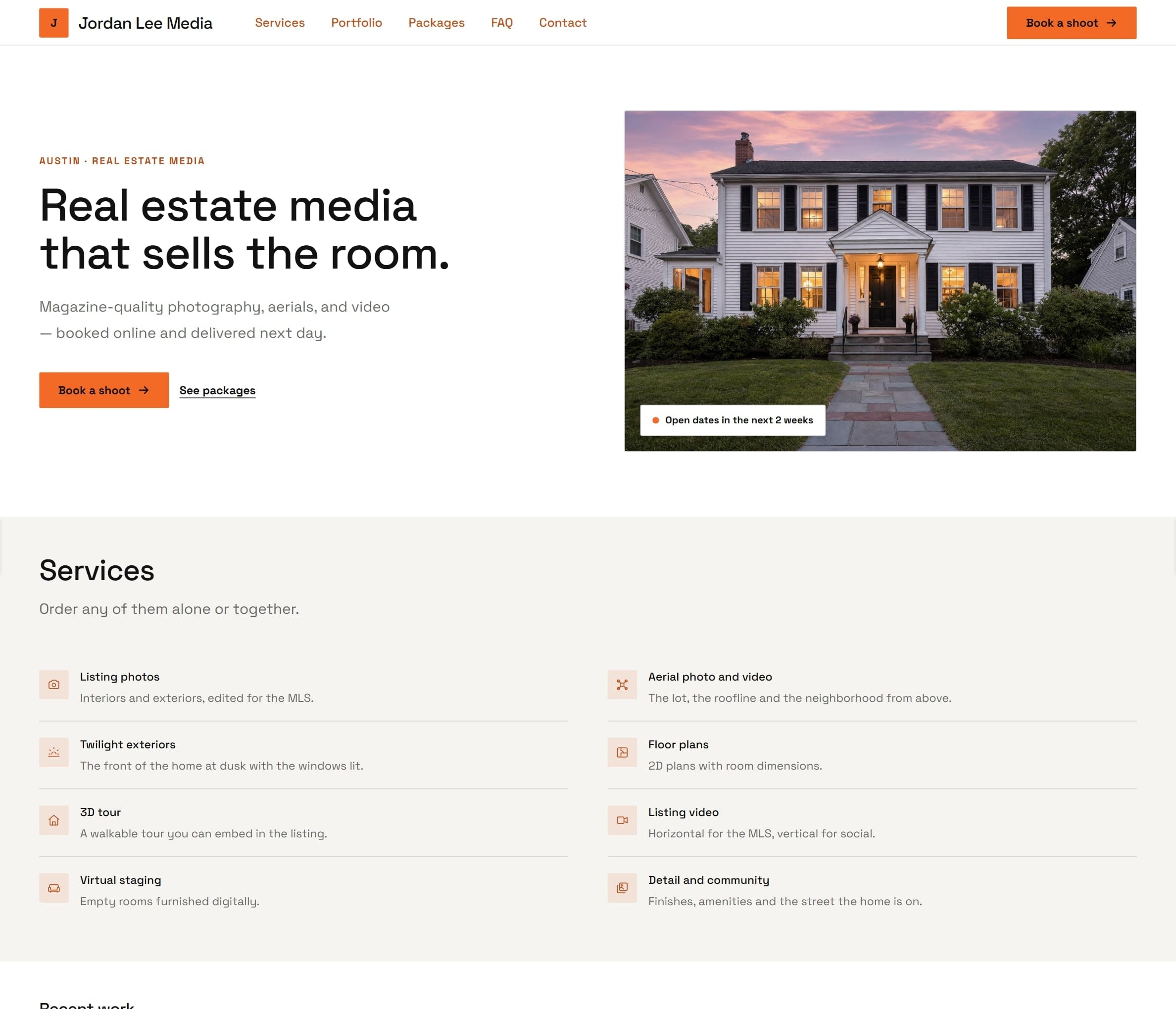 The photographer's site in the Dispatch theme: Services, prices, process and coverage on one page, so agents can order without emailing.