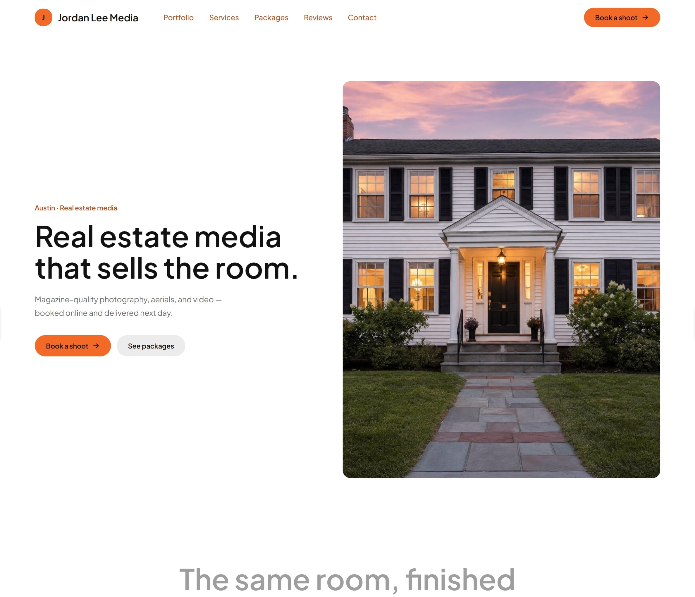 The photographer's site in the Ember theme: Warm and bright, built around the finished frame agents repost.