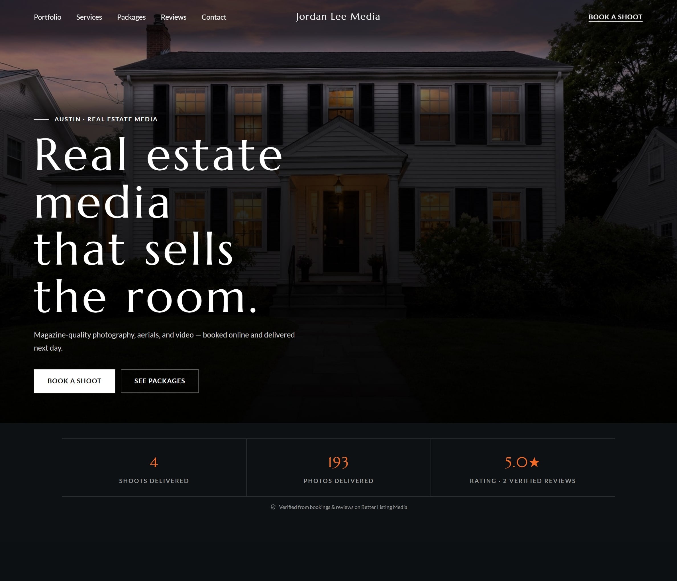 The photographer's site in the Nocturne theme: Dark and full-bleed, for twilight and luxury work. The photographs are the only light on the page.
