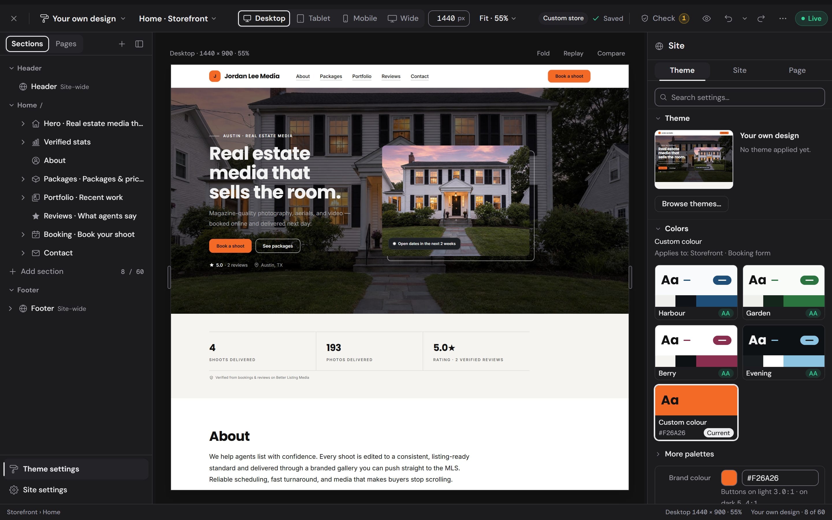 Theme settings: the current theme, then the Harbour, Garden, Berry and Evening palettes, each marked AA, and a custom brand color