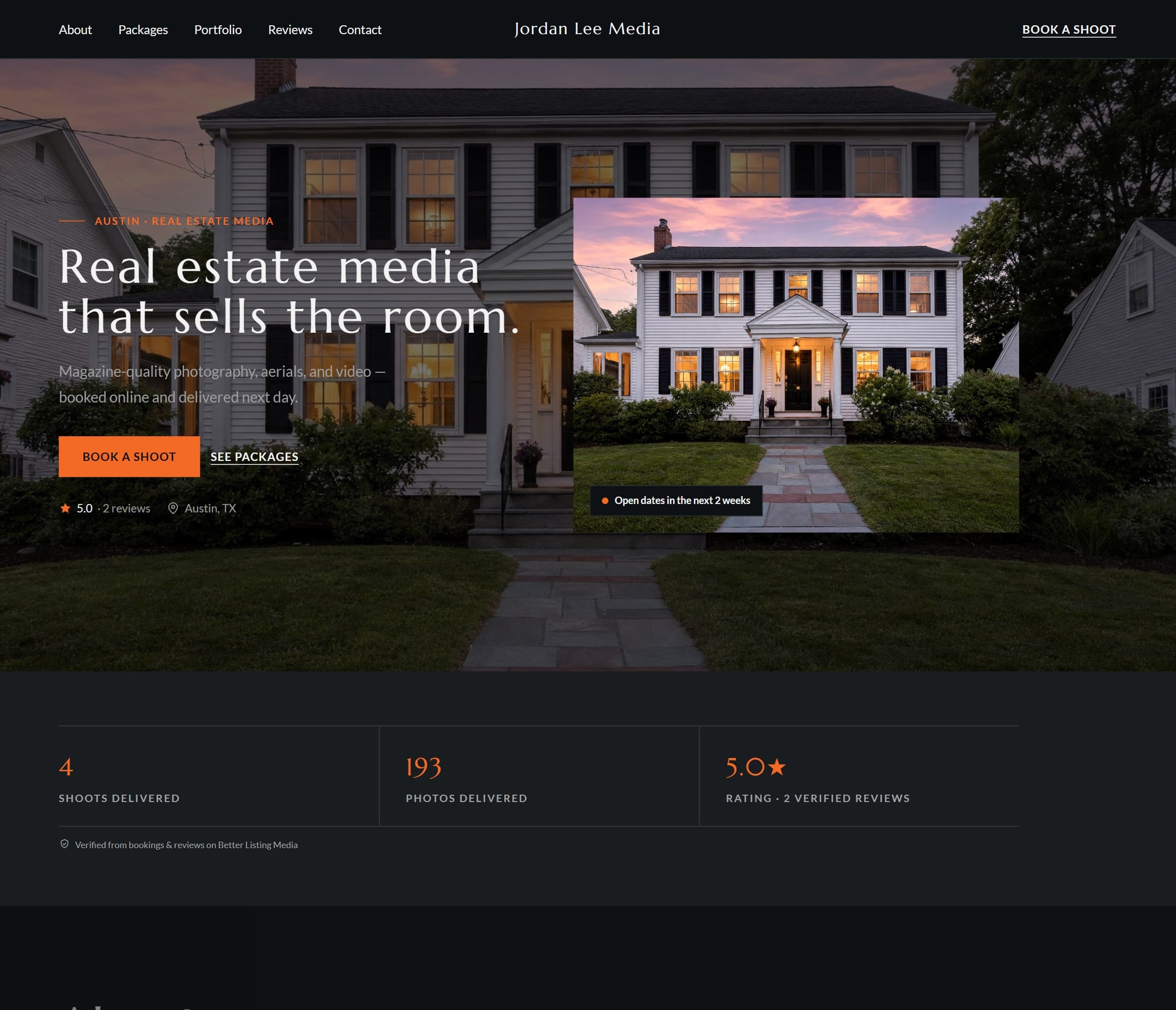 The same site while Try on shows the Nocturne theme: dark and full-bleed, with the same photographs and words