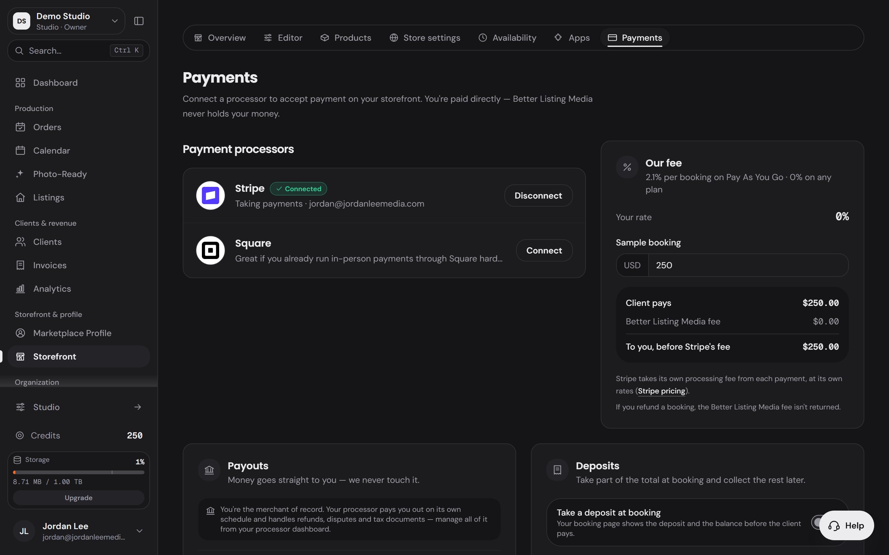 Storefront payment settings in Workspace: the photographer's own connected payment accounts, the fee on a booking and the deposit option