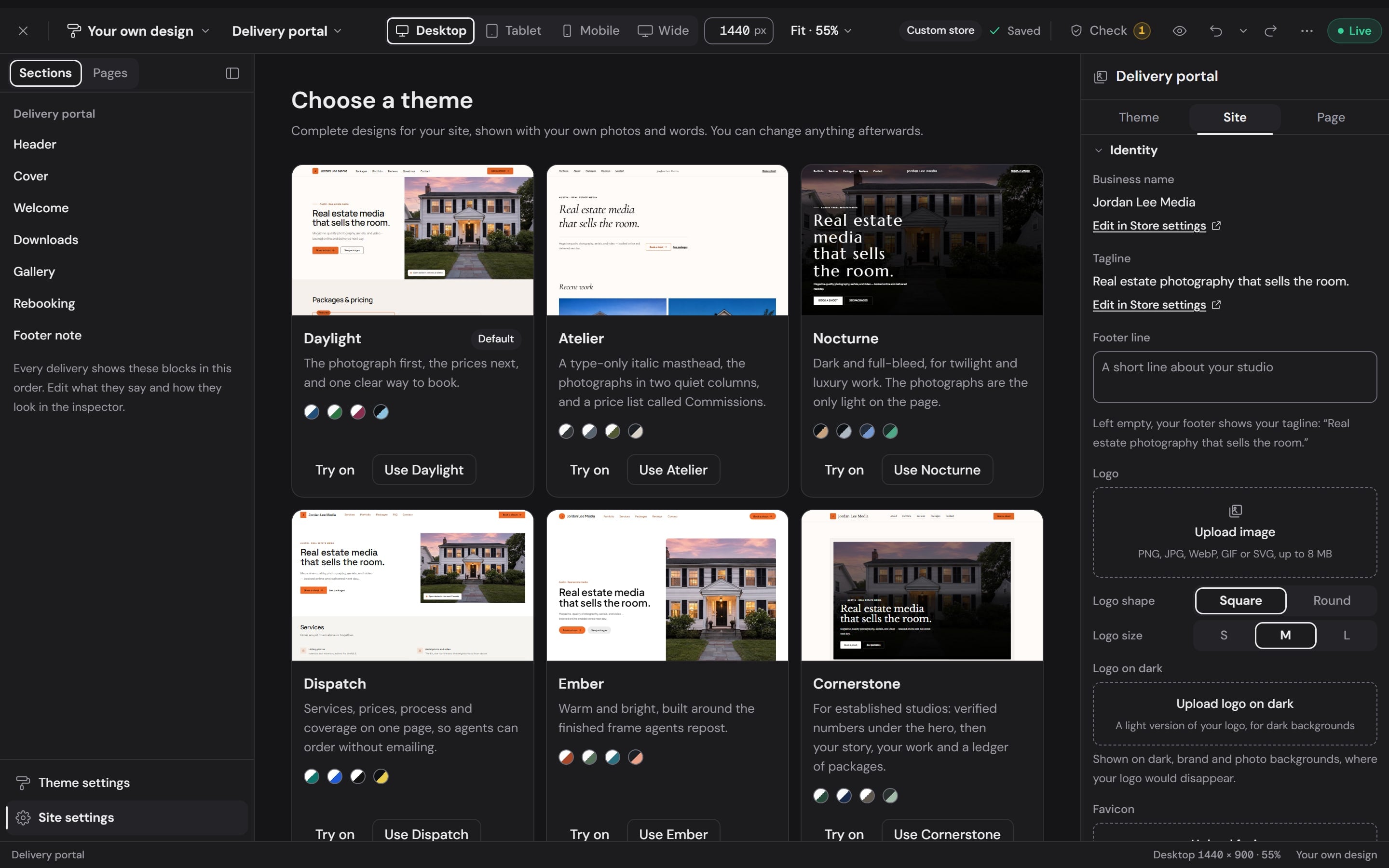 The delivery portal in the Workspace builder: six themes to choose from, the portal's sections and its identity settings