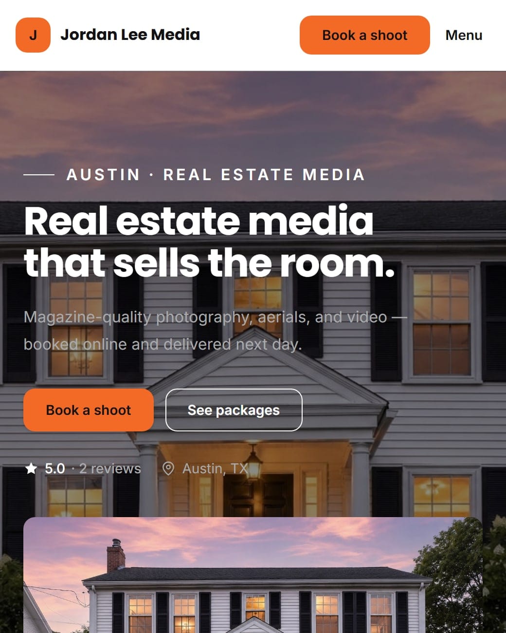 A photographer's live storefront zoomed to its booking page: the headline over a twilight exterior with the Book a shoot button under it