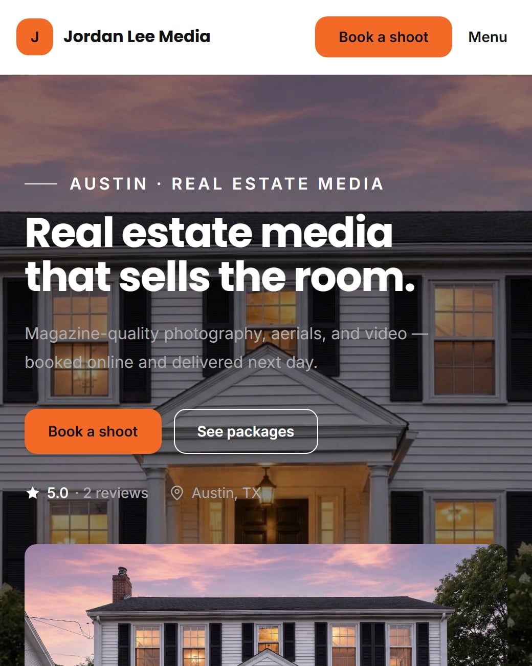 A photographer's own storefront: their name and a Book a shoot button in the header, over a twilight photograph of a listing