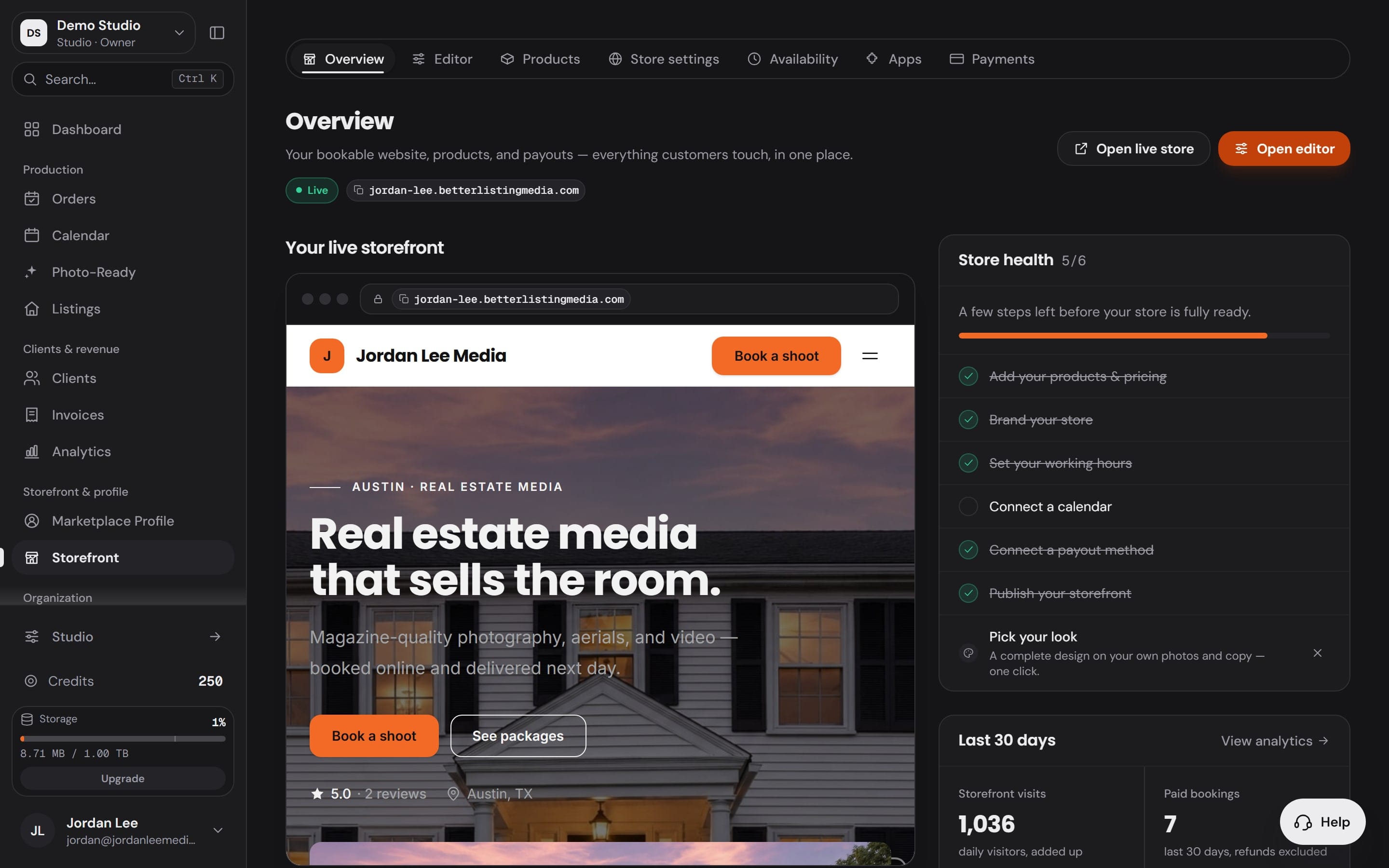 The Workspace storefront: a photographer's live booking site with store health and the last 30 days