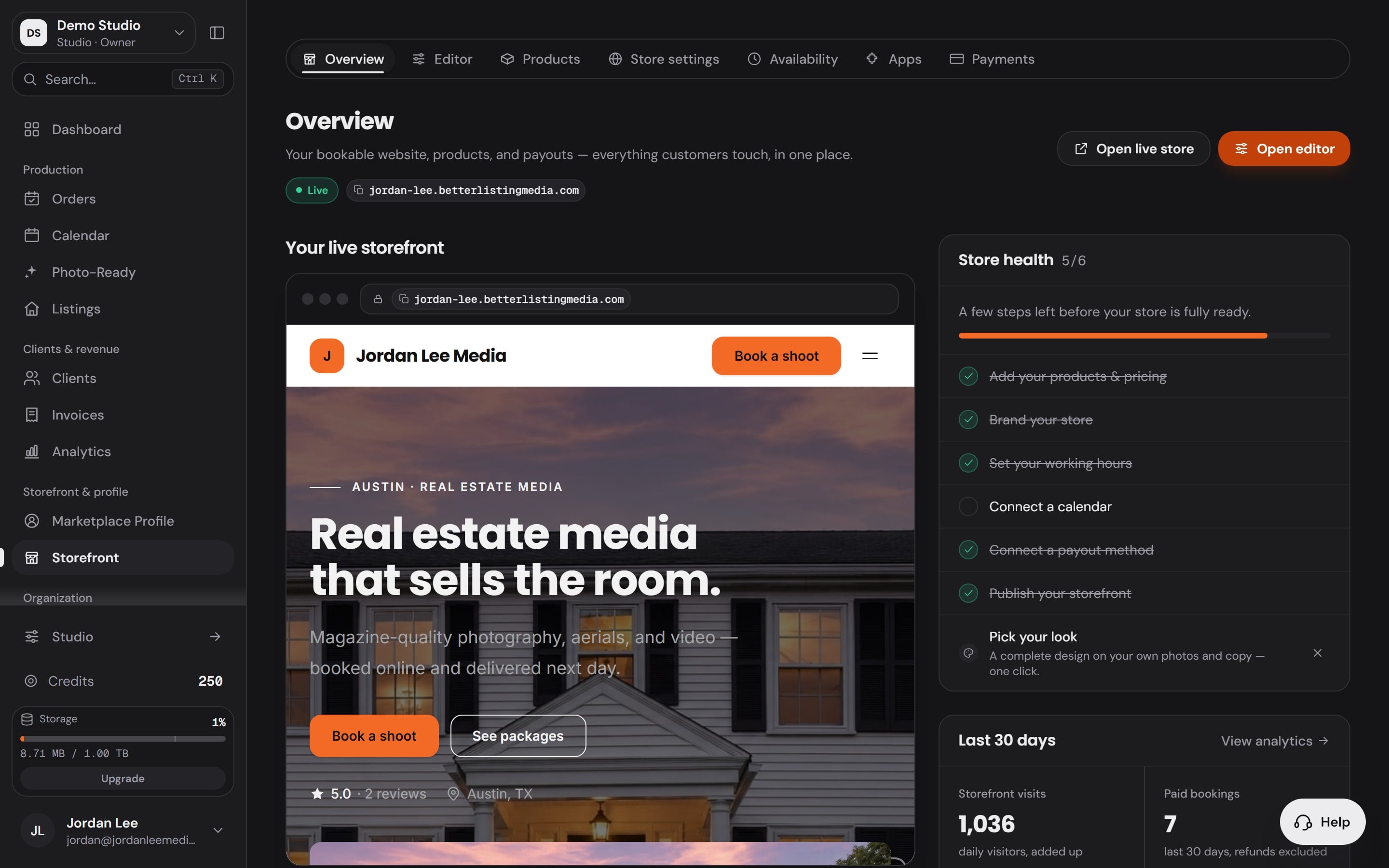 The Workspace storefront: a photographer's live booking site with store health and the last 30 days