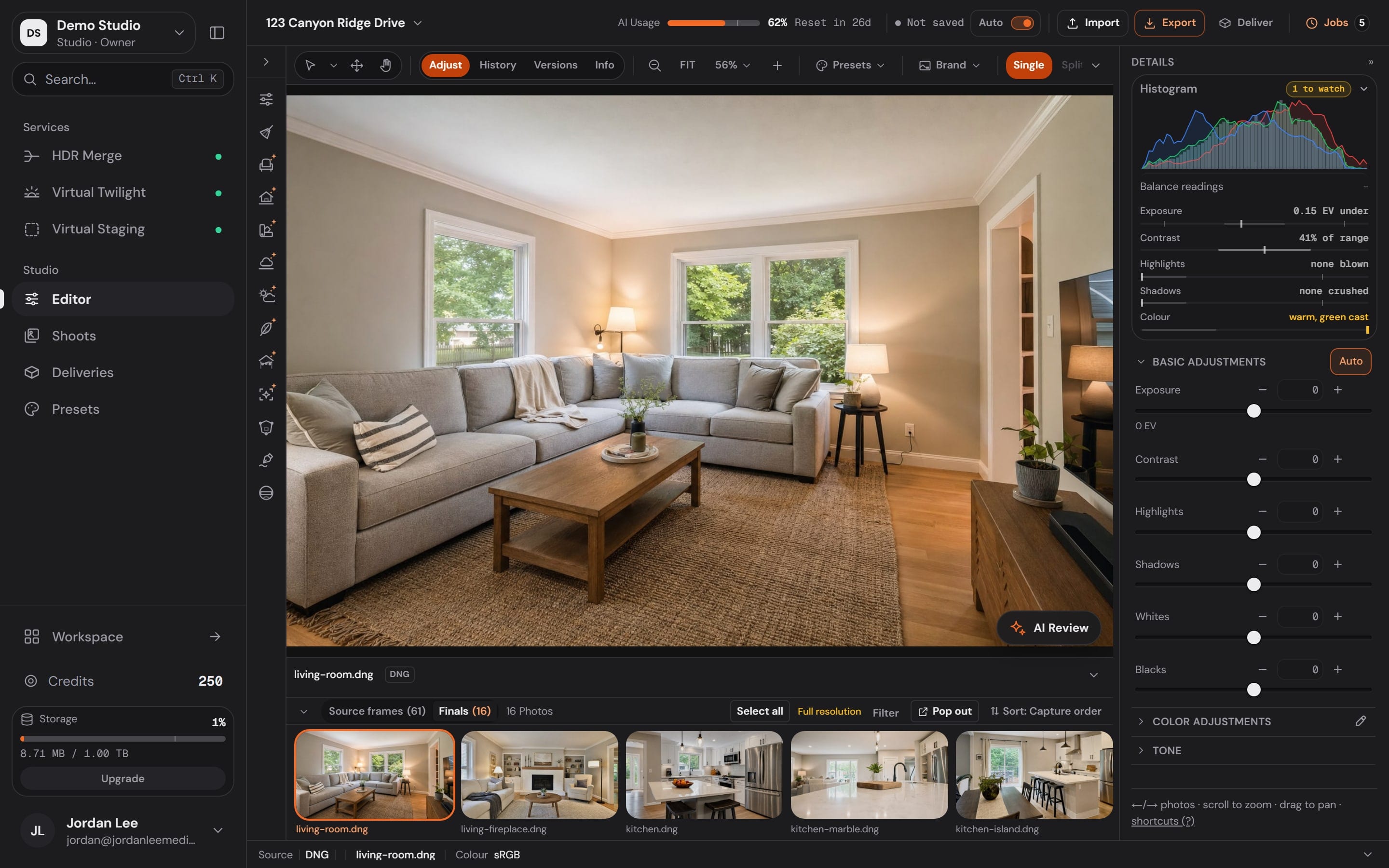 The Better Listing Media Studio editor: the tool rail, a living room on the canvas, the filmstrip of finals and the adjustments panel