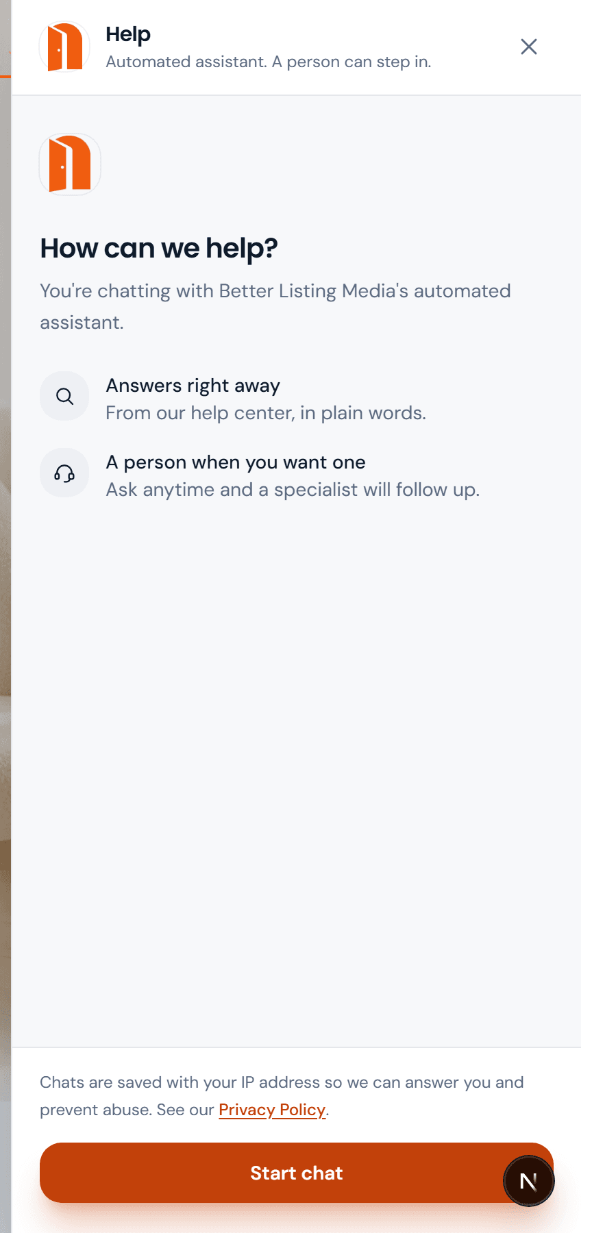 The help assistant open on a page: Help, automated assistant, a person can step in; How can we help?; Answers right away; A person when you want one; Start chat