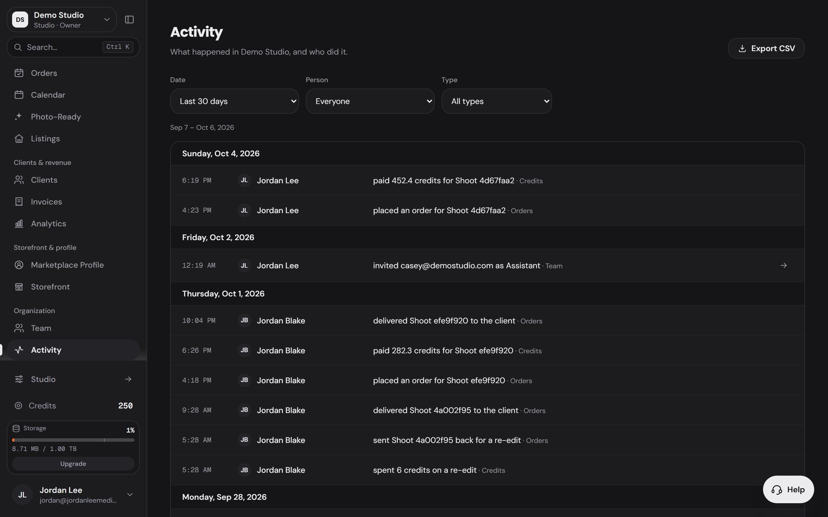 The Activity page: date, person and type filters, Export CSV, and a day-by-day log of who placed an order, paid credits, invited a teammate, delivered a shoot or sent one back for a re-edit