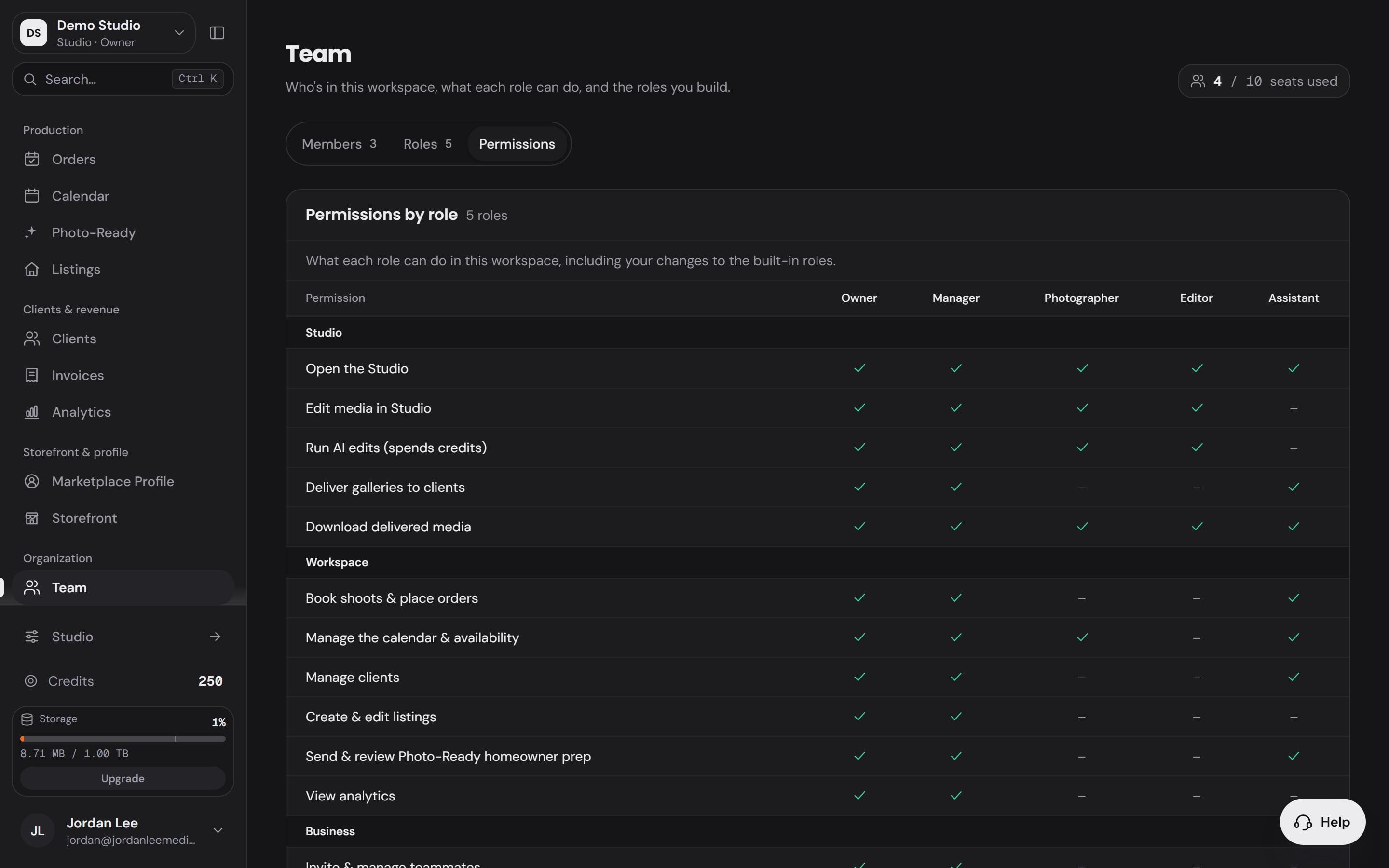 The Workspace Team page, Permissions tab: a table of what each built-in role can do, from opening the Studio to managing billing