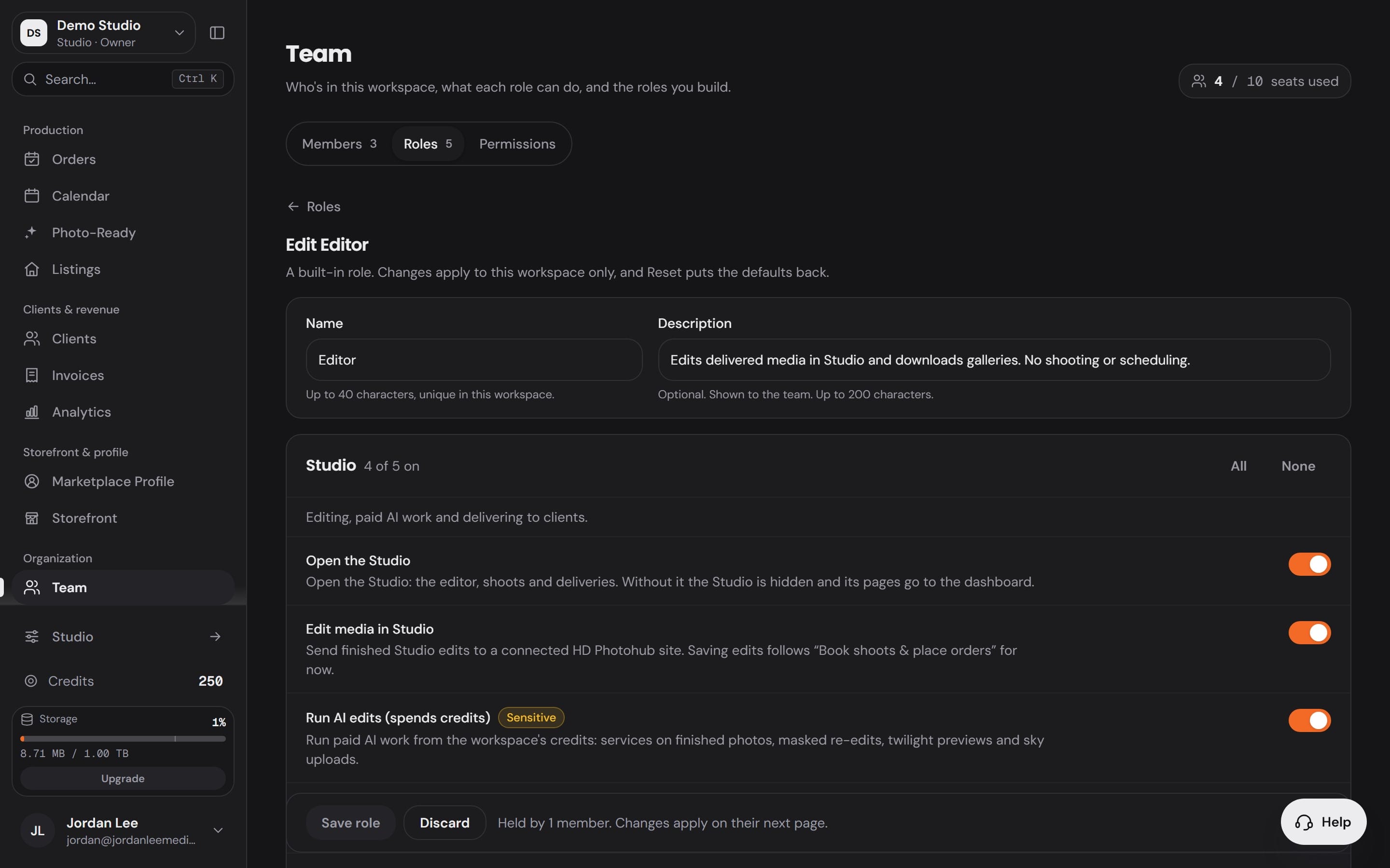 The role editor open on the Editor role: the name and description fields, with the limits written under each