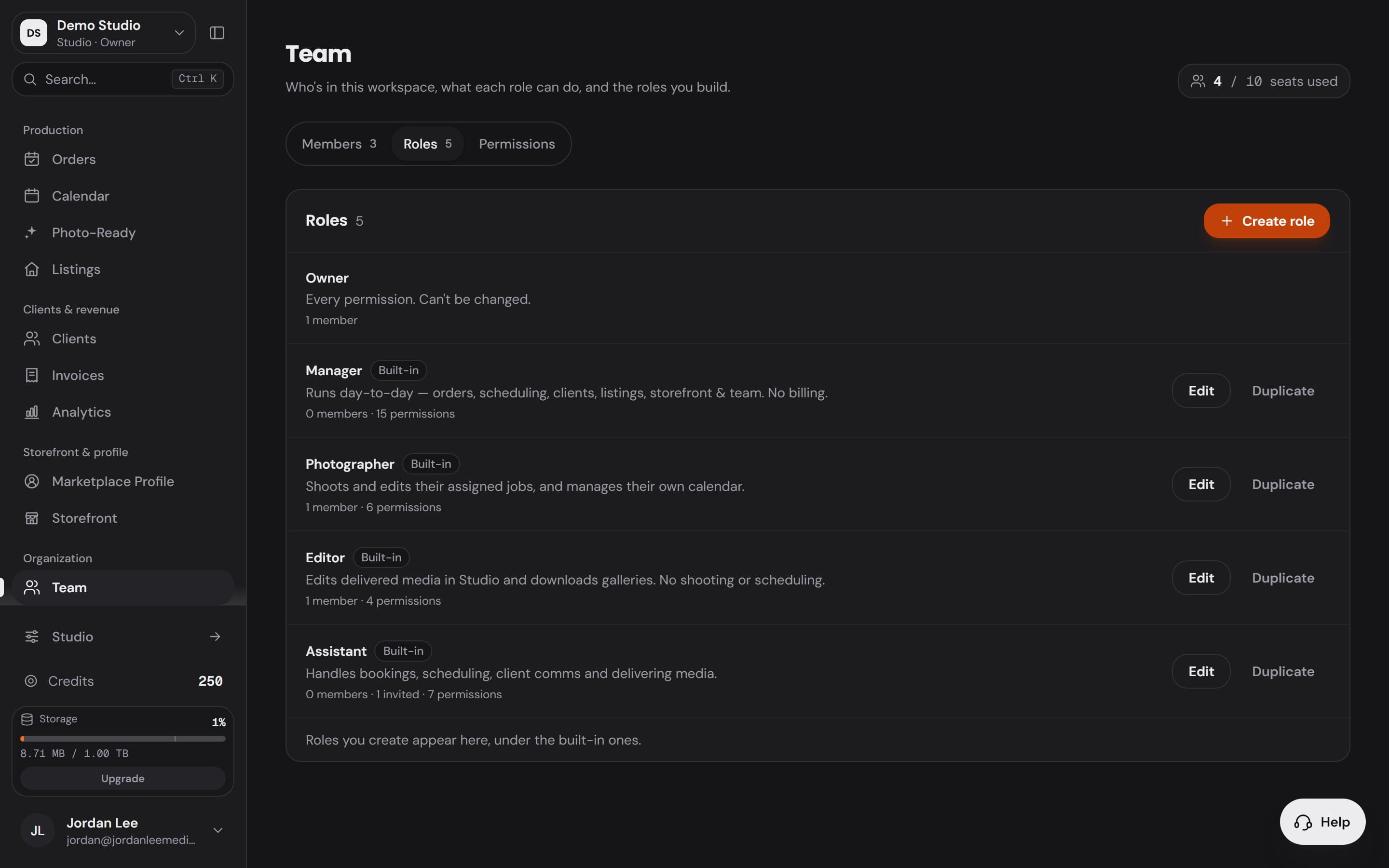 The Roles tab on the Team page: Owner, Manager, Photographer, Editor and Assistant with Edit and Duplicate beside each, and Create role at the top