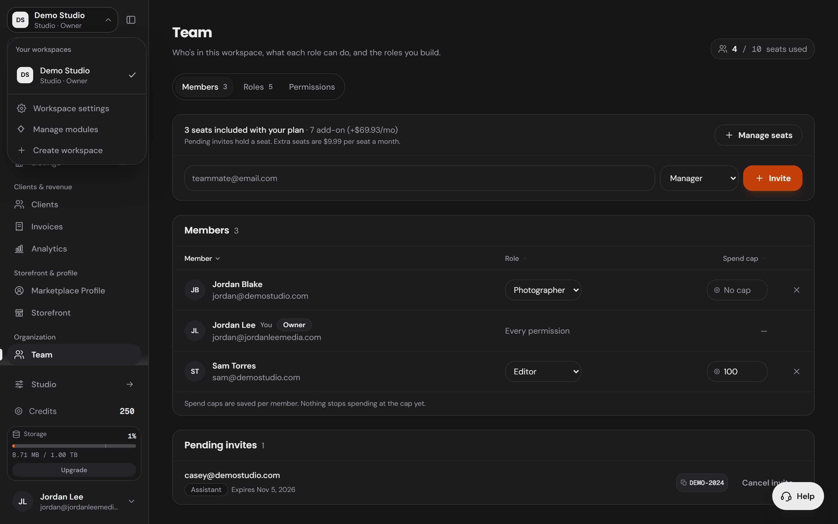 The workspace switcher open at the top of the sidebar: Your workspaces listing Demo Studio, Studio, Owner, with a check on the current one, then Workspace settings, Manage modules and Create workspace