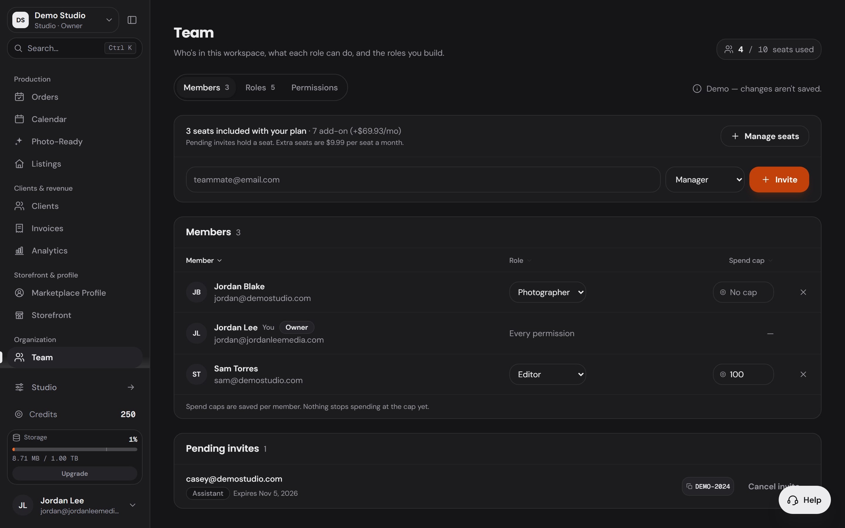 The Workspace Team page: the seats line, an invite row with an email field, a role picker and Invite, the members with their roles, and a pending invite with its code