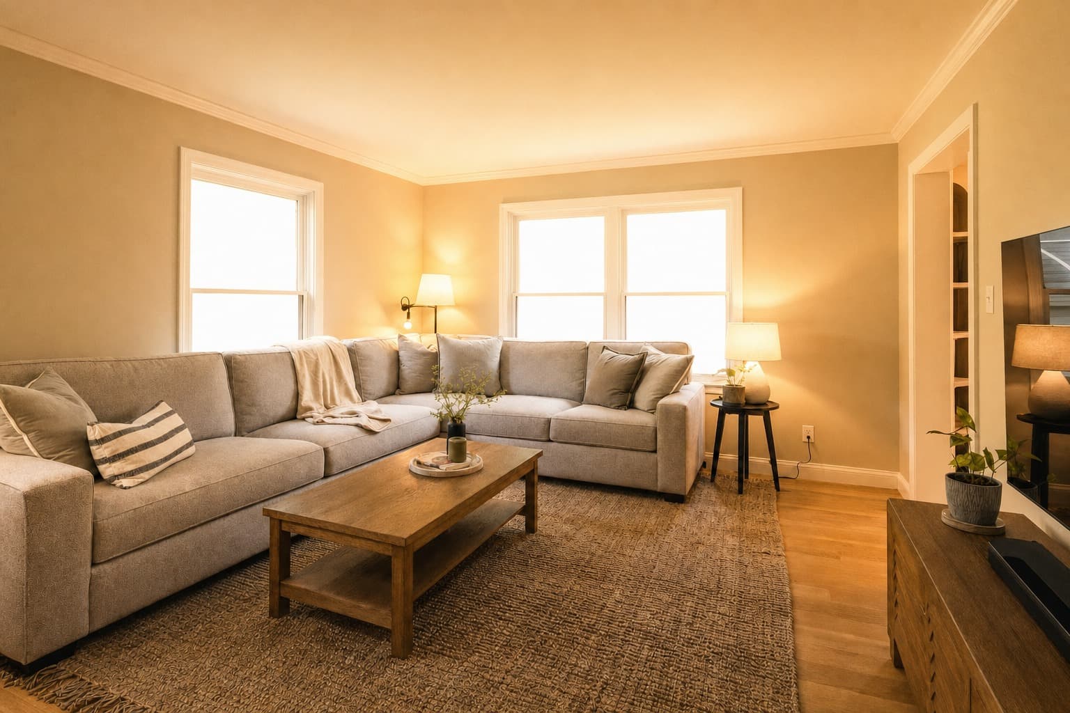 A living room as shot with a warm cast and blown-out windows, then corrected to neutral with the view outside restored, as shot